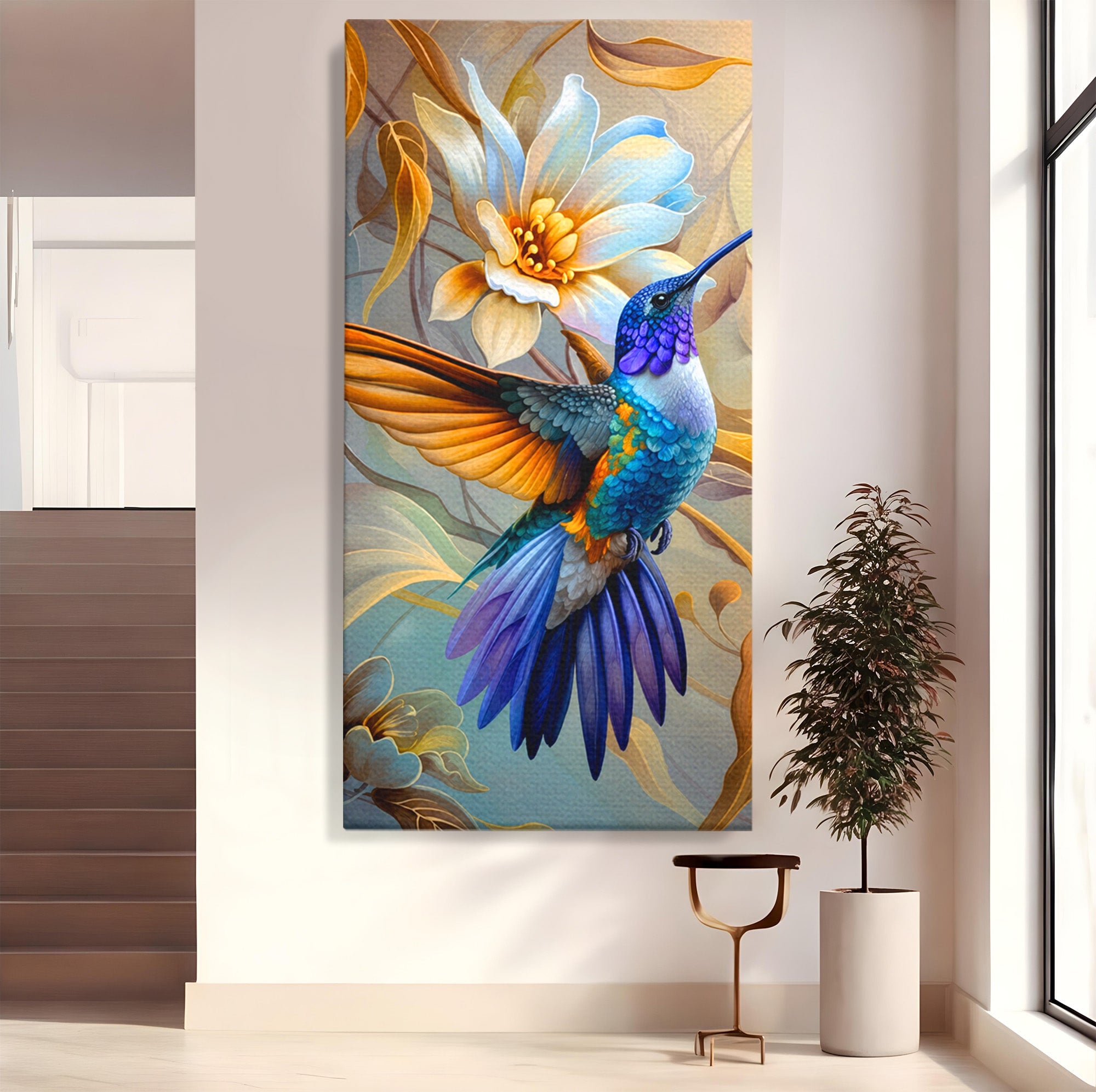 Tablou Canvas Premium LuxCanva® M1660, Colibri Exotic, Colibri, Pasare, Flori, Natura, Dormitor, Culori Vibrante