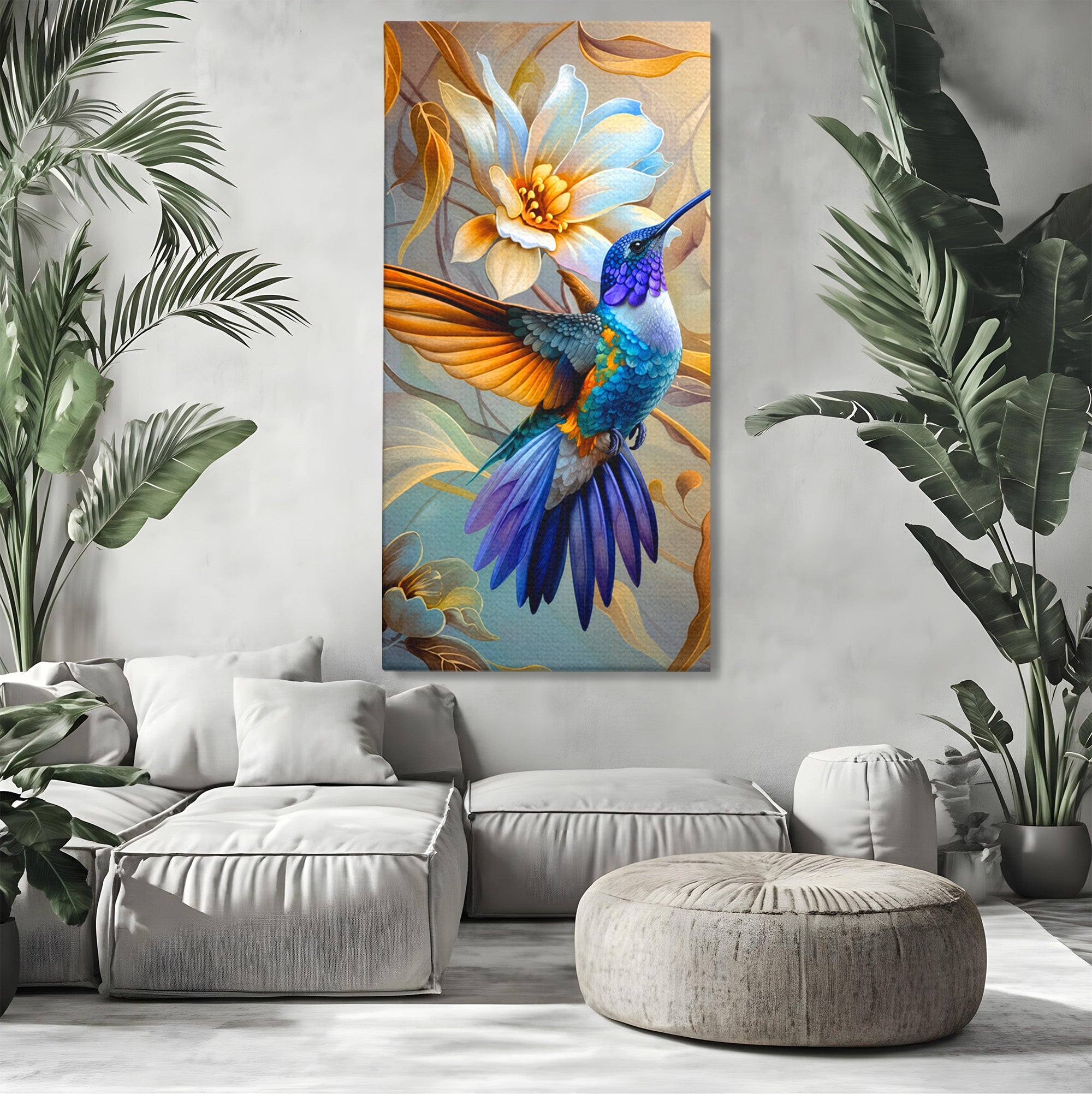Tablou Canvas Premium LuxCanva® M1660, Colibri Exotic, Colibri, Pasare, Flori, Natura, Dormitor, Culori Vibrante