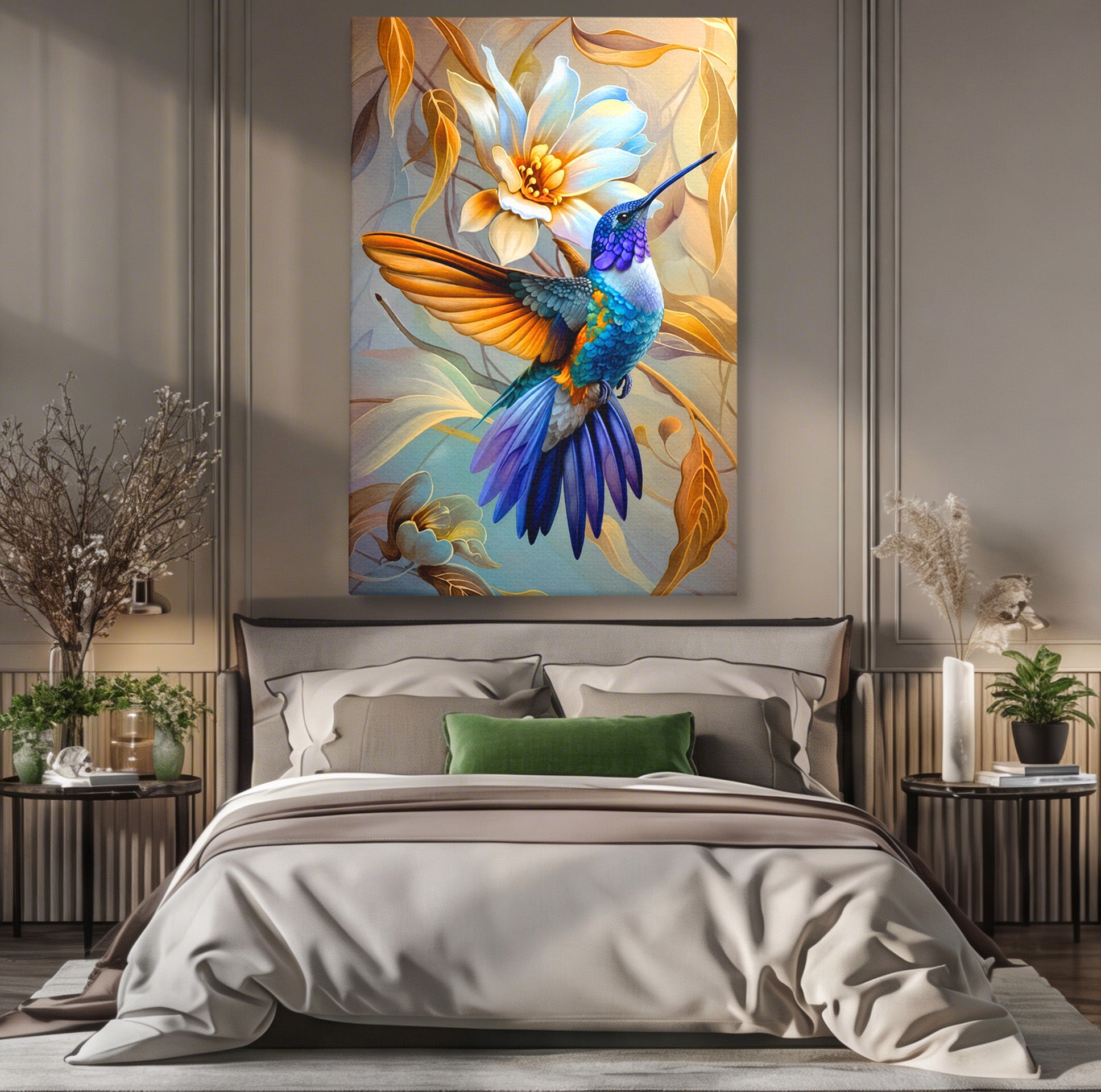 Tablou Canvas Premium LuxCanva® M1660, Colibri Exotic, Colibri, Pasare, Flori, Natura, Dormitor, Culori Vibrante