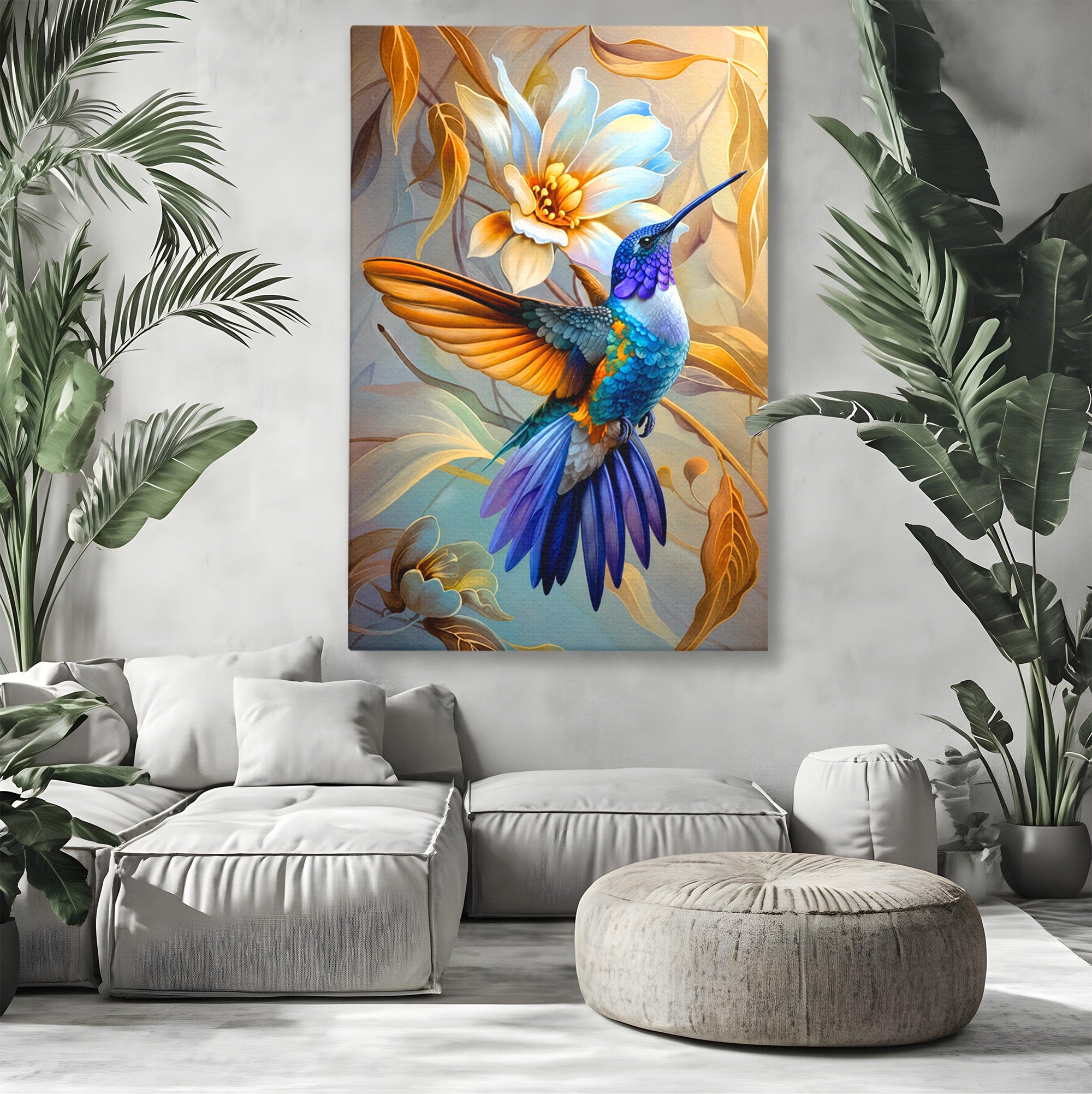 Tablou Canvas Premium LuxCanva® M1660, Colibri Exotic, Colibri, Pasare, Flori, Natura, Dormitor, Culori Vibrante