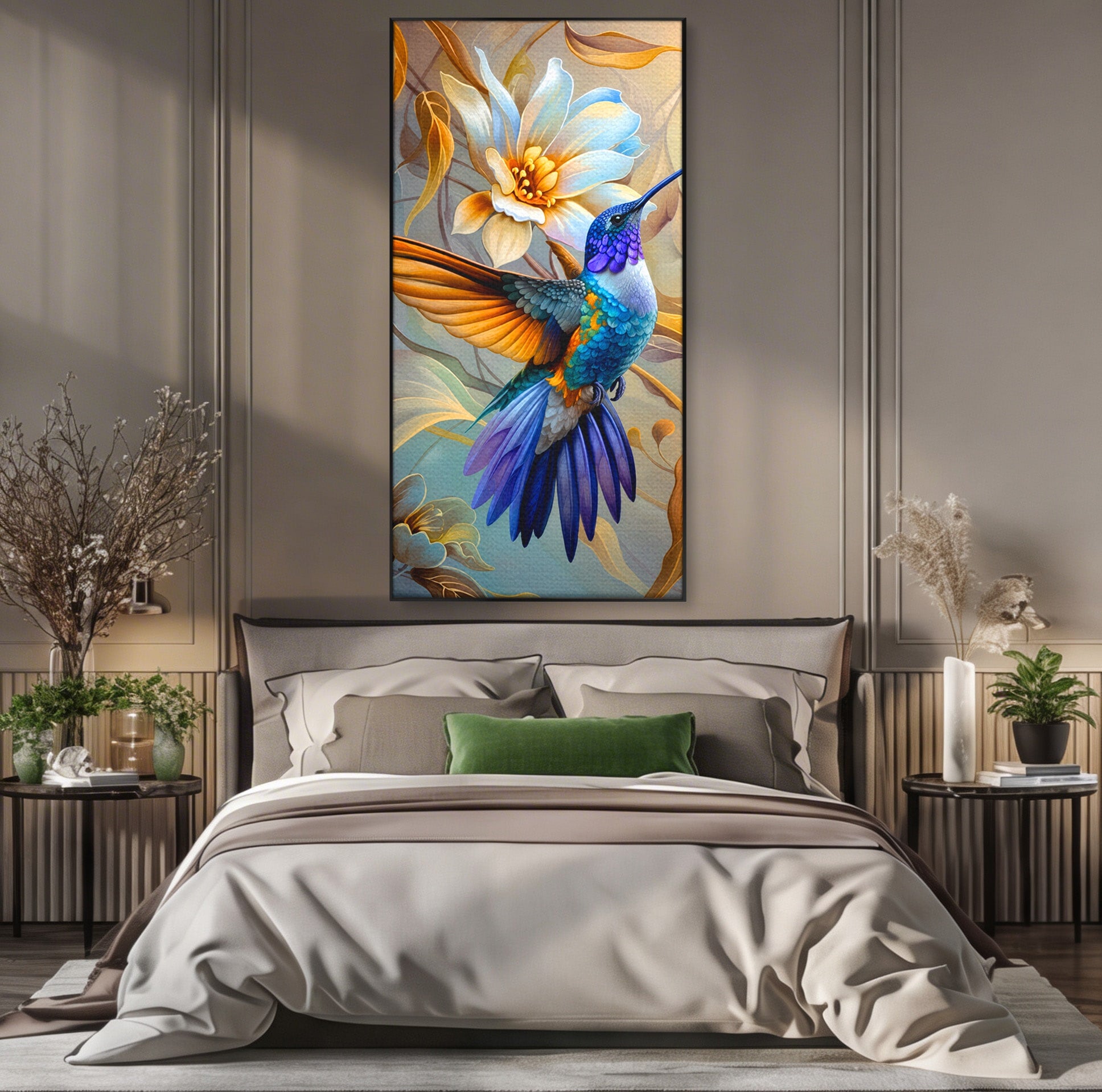 Tablou Canvas Premium LuxCanva® M1660, Colibri Exotic, Colibri, Pasare, Flori, Natura, Dormitor, Culori Vibrante