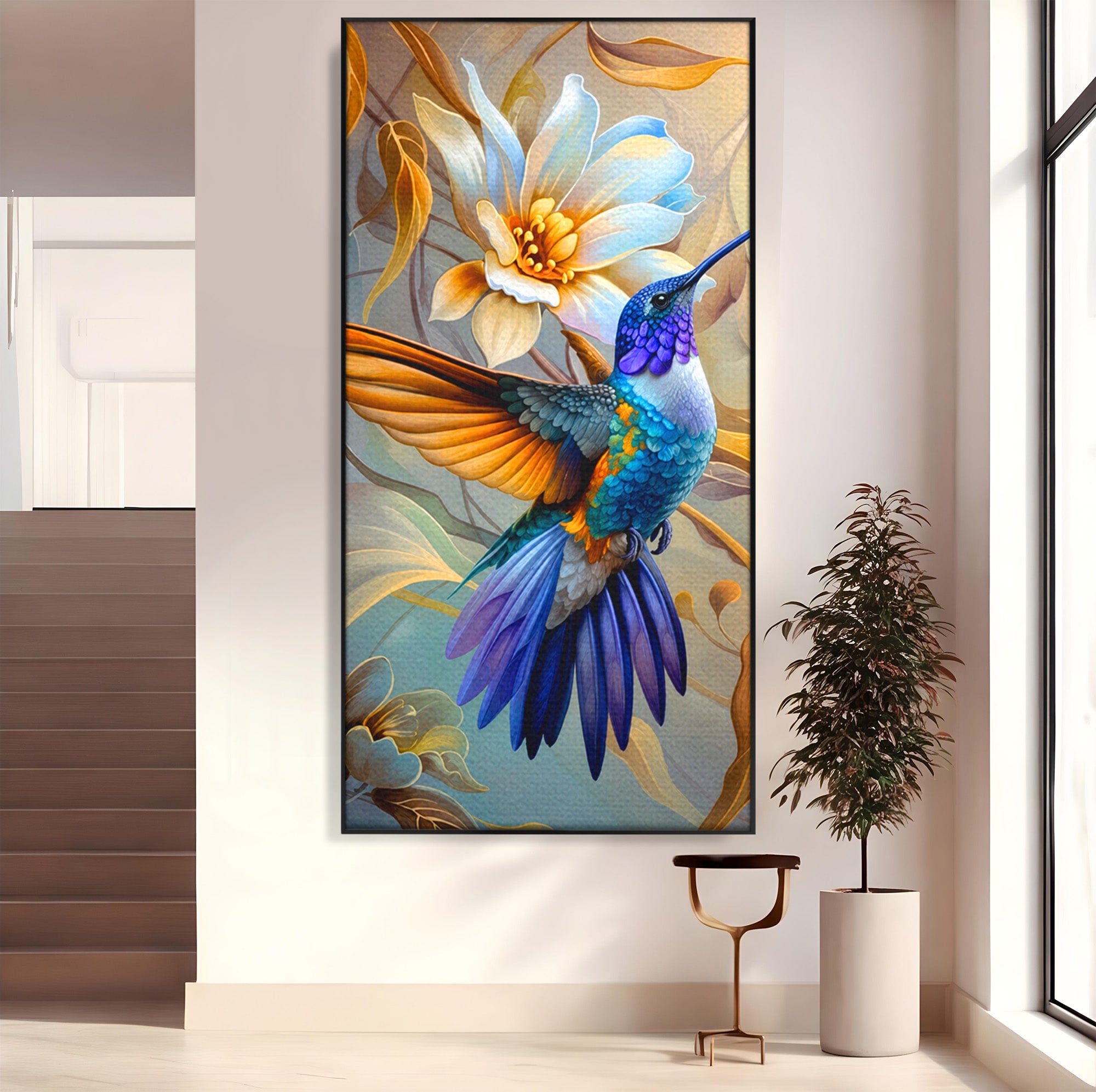 Tablou Canvas Premium LuxCanva® M1660, Colibri Exotic, Colibri, Pasare, Flori, Natura, Dormitor, Culori Vibrante