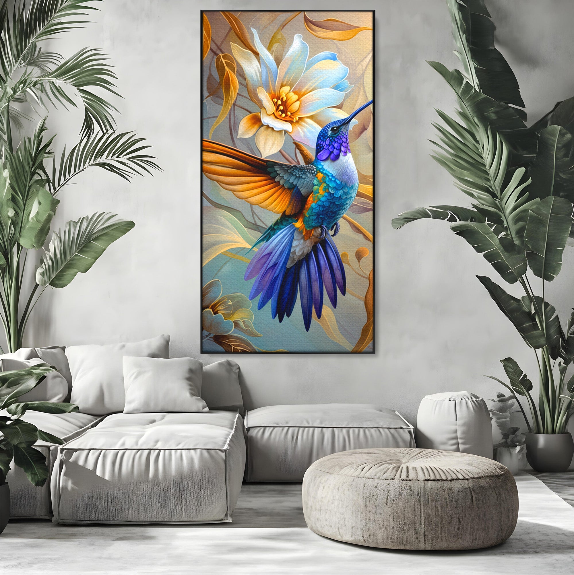 Tablou Canvas Premium LuxCanva® M1660, Colibri Exotic, Colibri, Pasare, Flori, Natura, Dormitor, Culori Vibrante