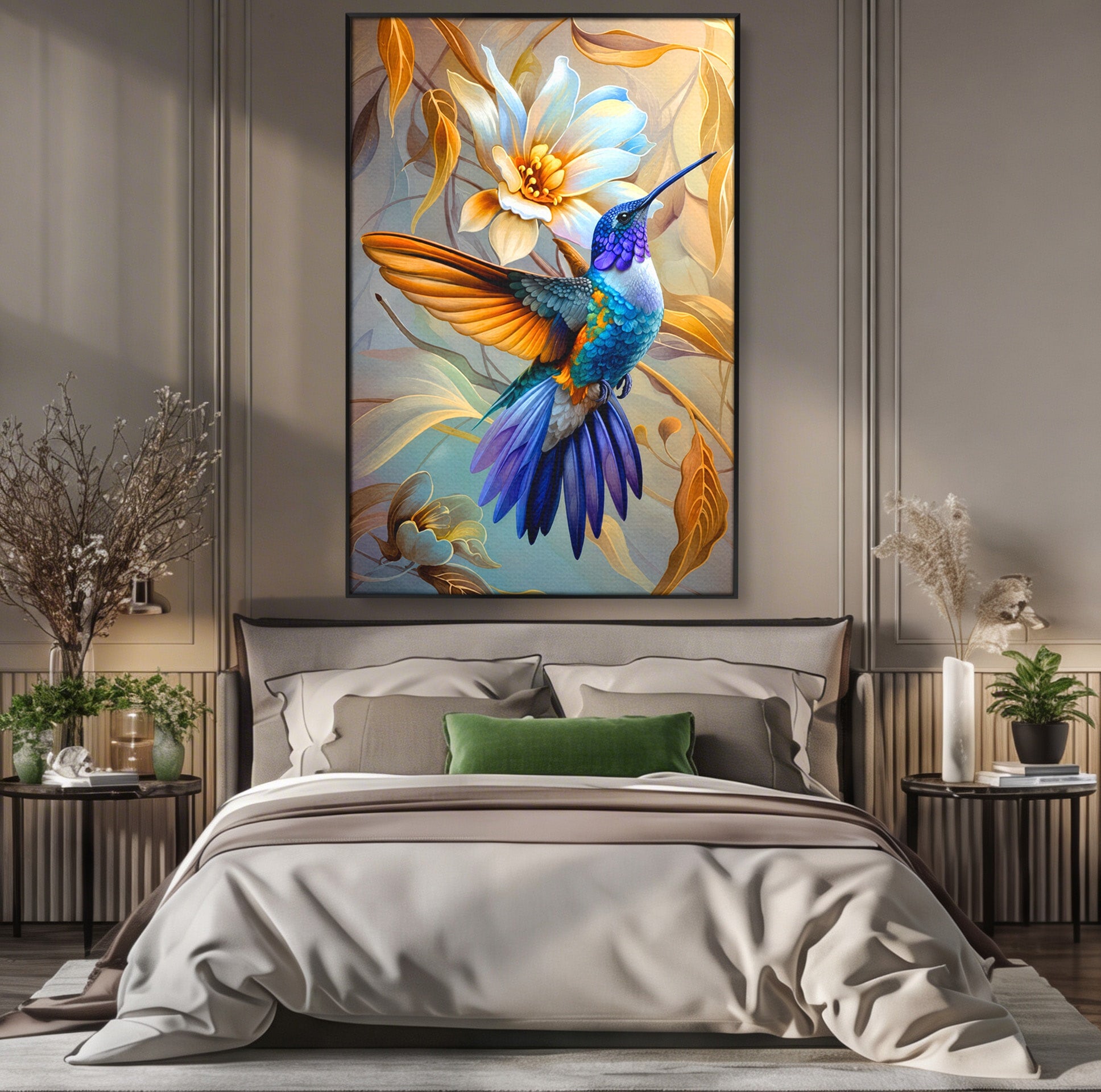 Tablou Canvas Premium LuxCanva® M1660, Colibri Exotic, Colibri, Pasare, Flori, Natura, Dormitor, Culori Vibrante