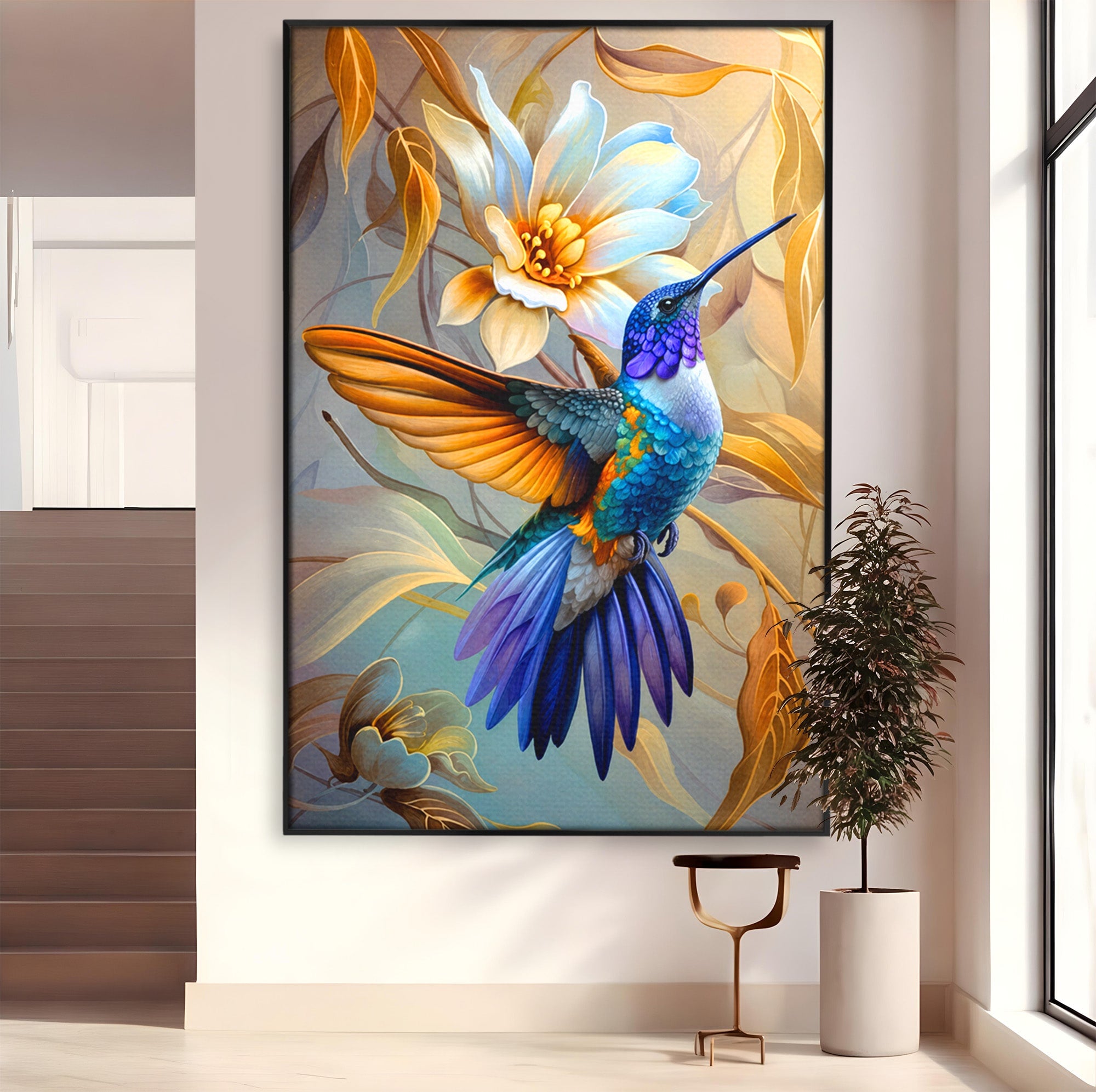 Tablou Canvas Premium LuxCanva® M1660, Colibri Exotic, Colibri, Pasare, Flori, Natura, Dormitor, Culori Vibrante