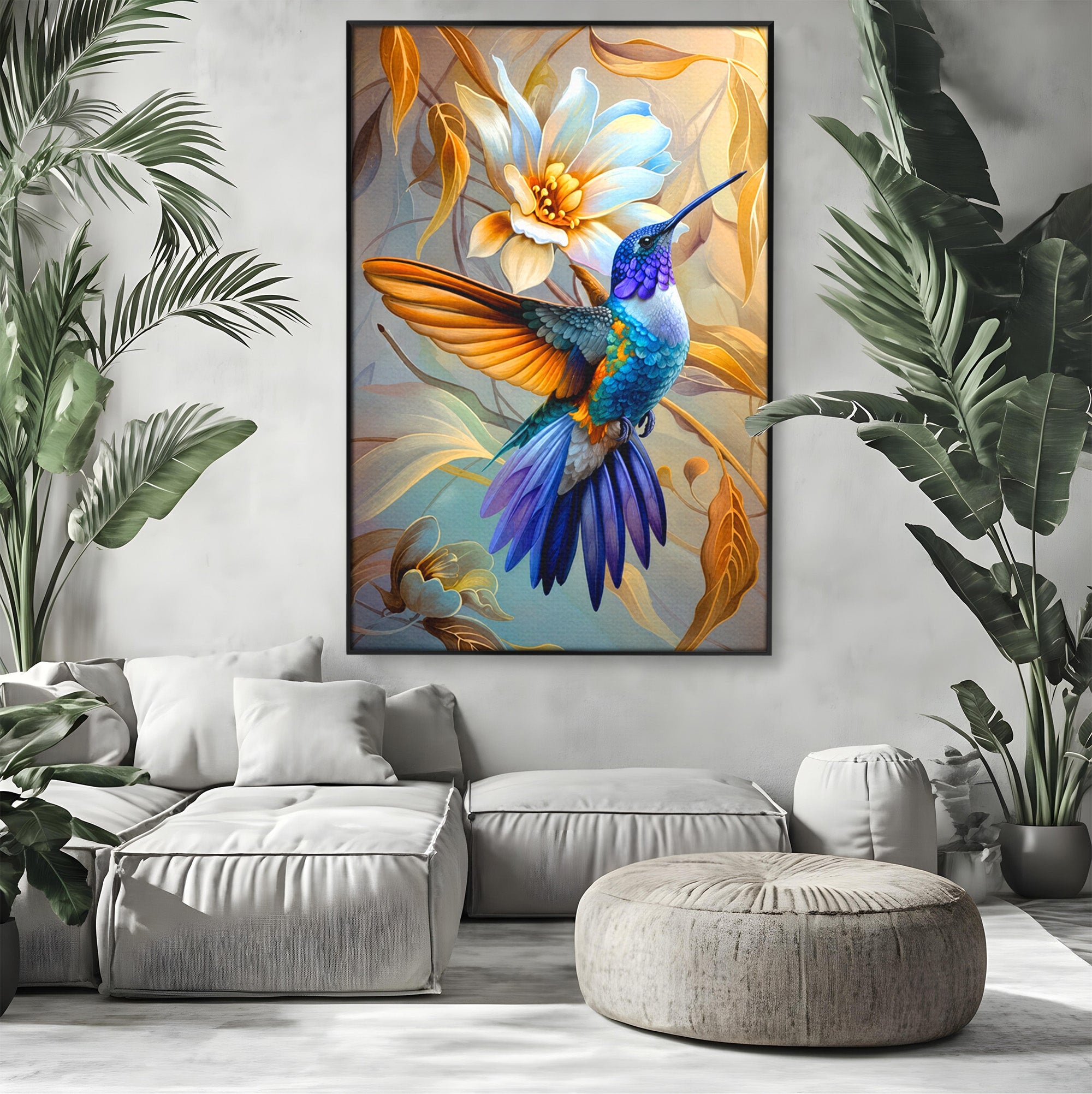 Tablou Canvas Premium LuxCanva® M1660, Colibri Exotic, Colibri, Pasare, Flori, Natura, Dormitor, Culori Vibrante