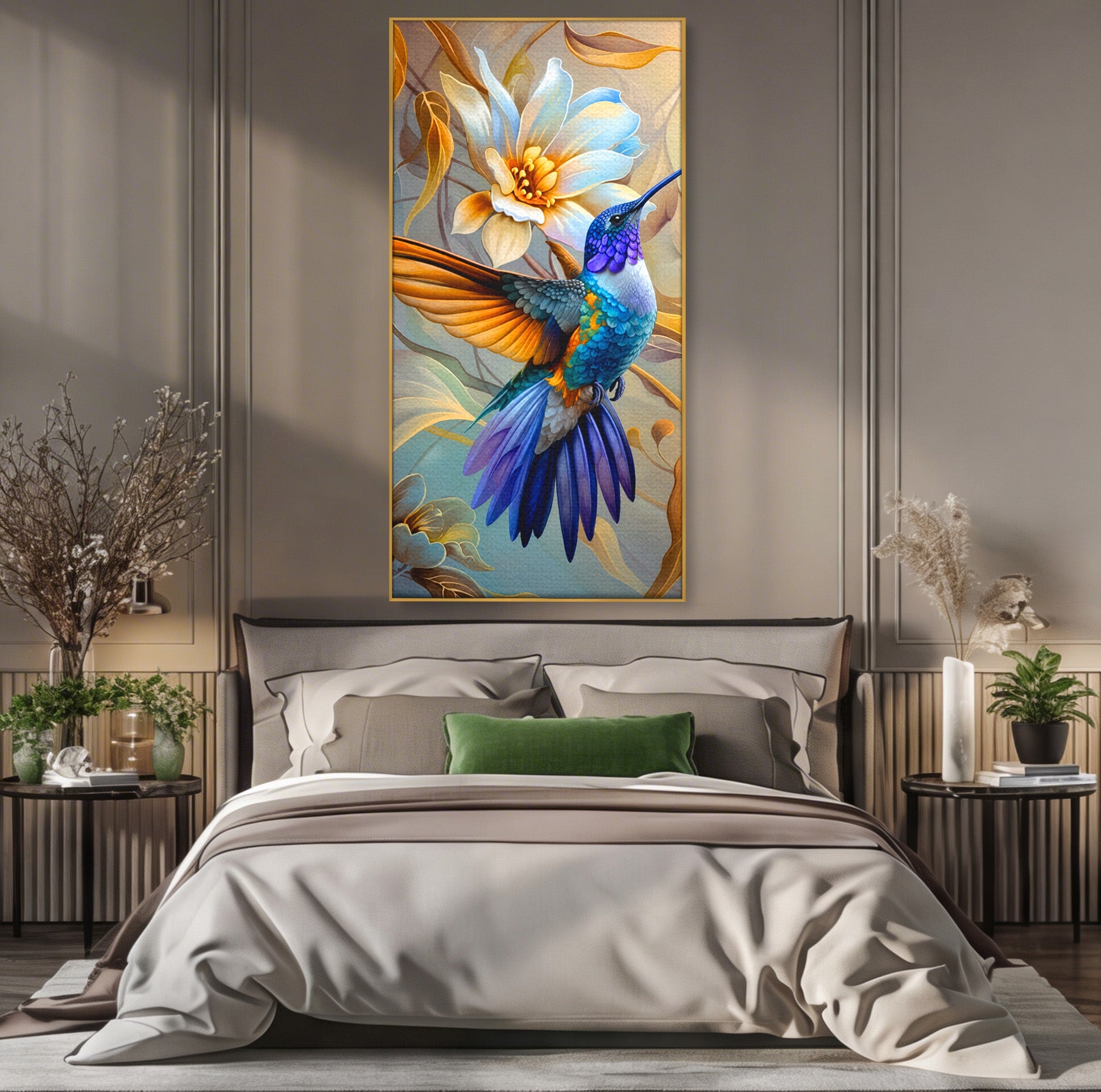 Tablou Canvas Premium LuxCanva® M1660, Colibri Exotic, Colibri, Pasare, Flori, Natura, Dormitor, Culori Vibrante