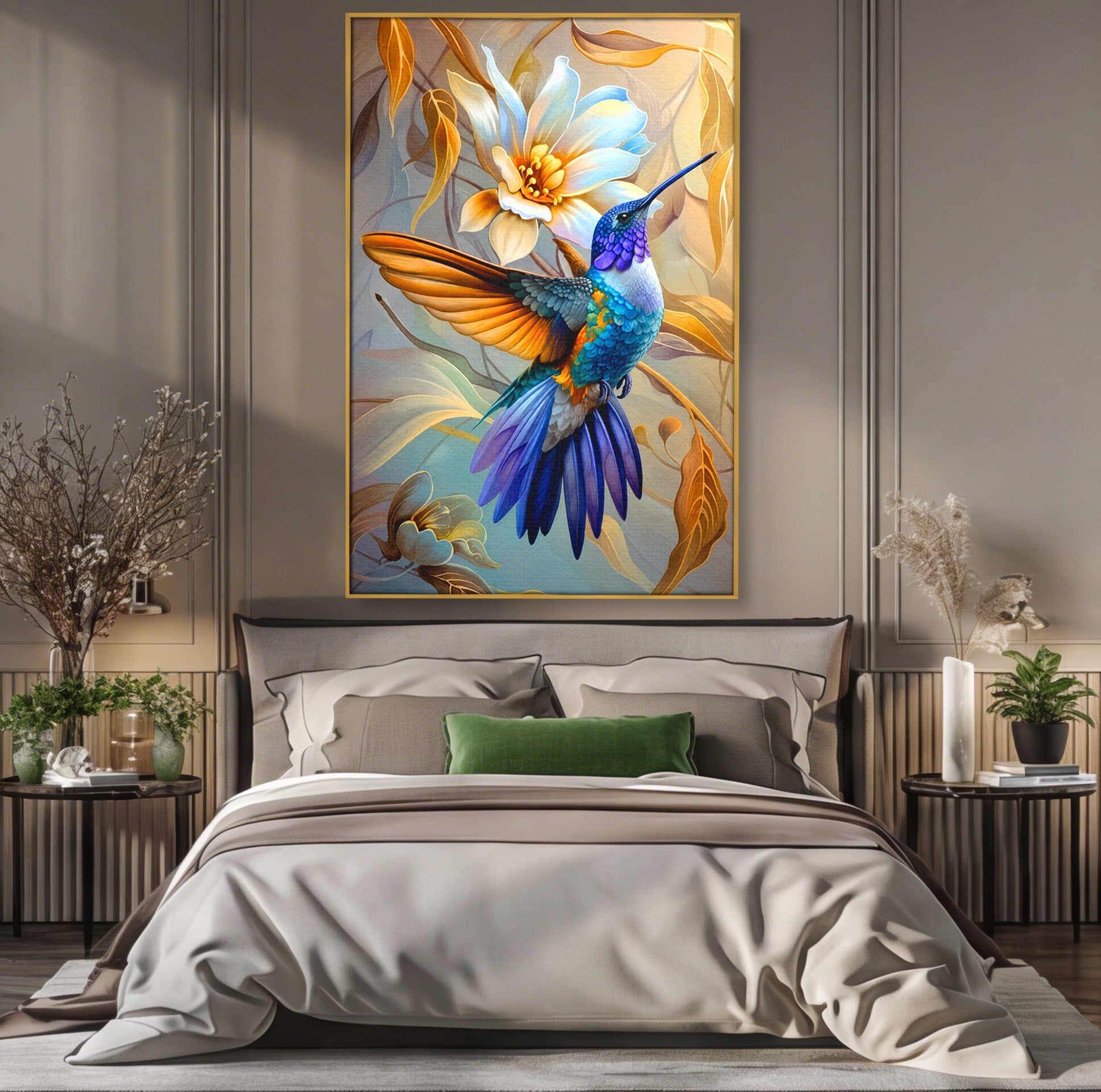 Tablou Canvas Premium LuxCanva® M1660, Colibri Exotic, Colibri, Pasare, Flori, Natura, Dormitor, Culori Vibrante