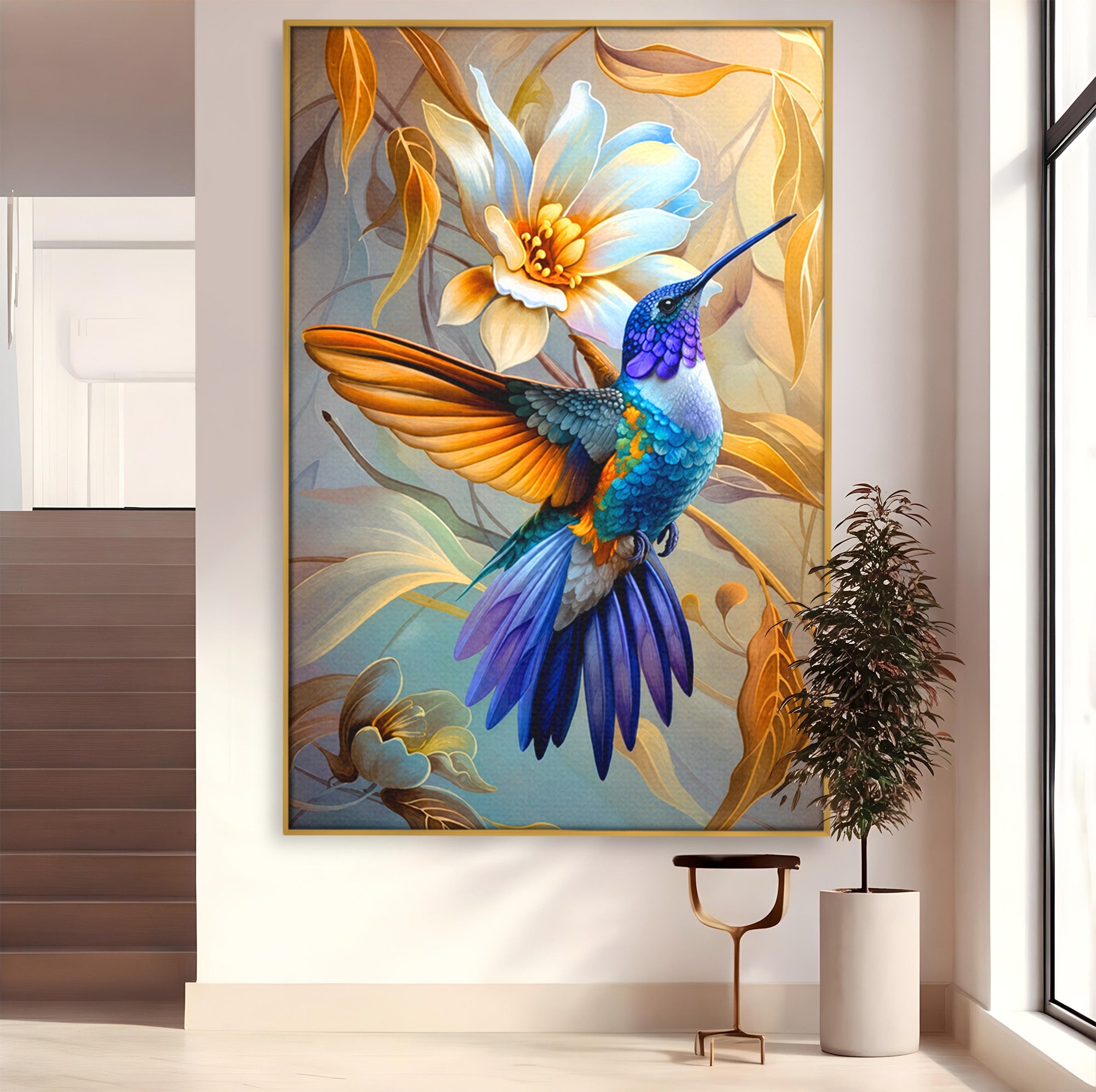 Tablou Canvas Premium LuxCanva® M1660, Colibri Exotic, Colibri, Pasare, Flori, Natura, Dormitor, Culori Vibrante