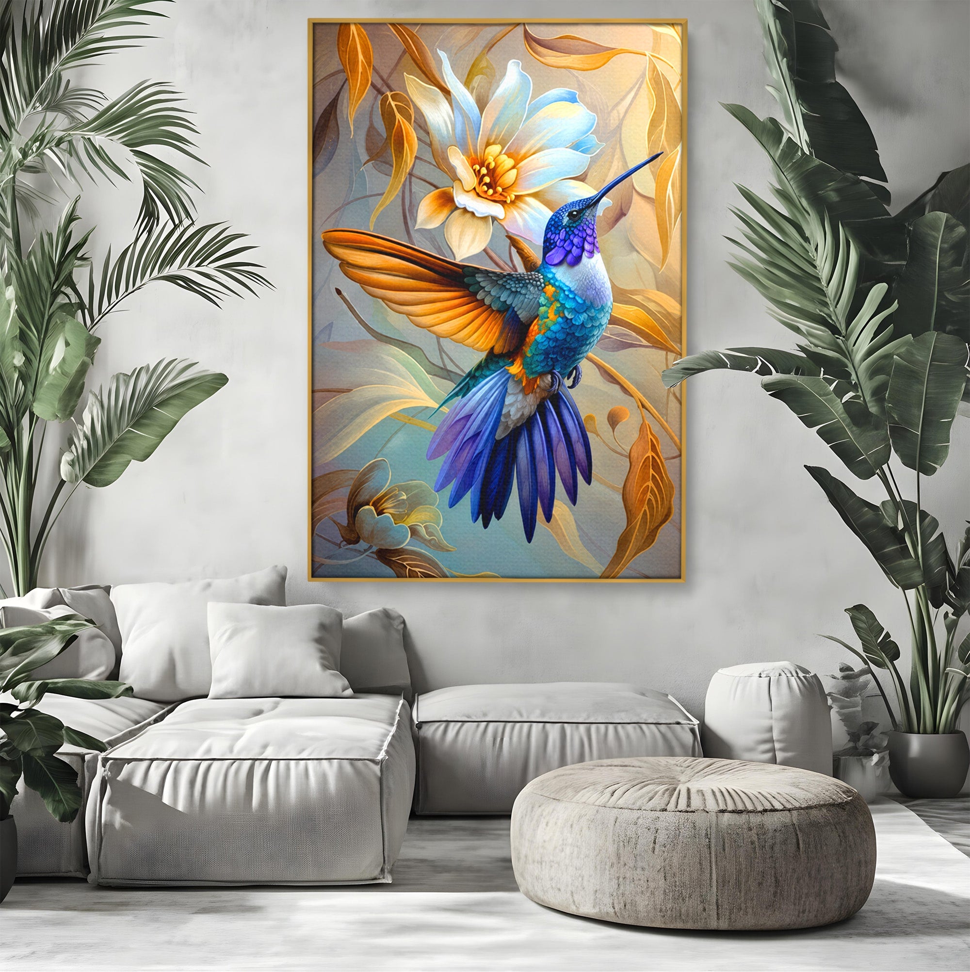 Tablou Canvas Premium LuxCanva® M1660, Colibri Exotic, Colibri, Pasare, Flori, Natura, Dormitor, Culori Vibrante