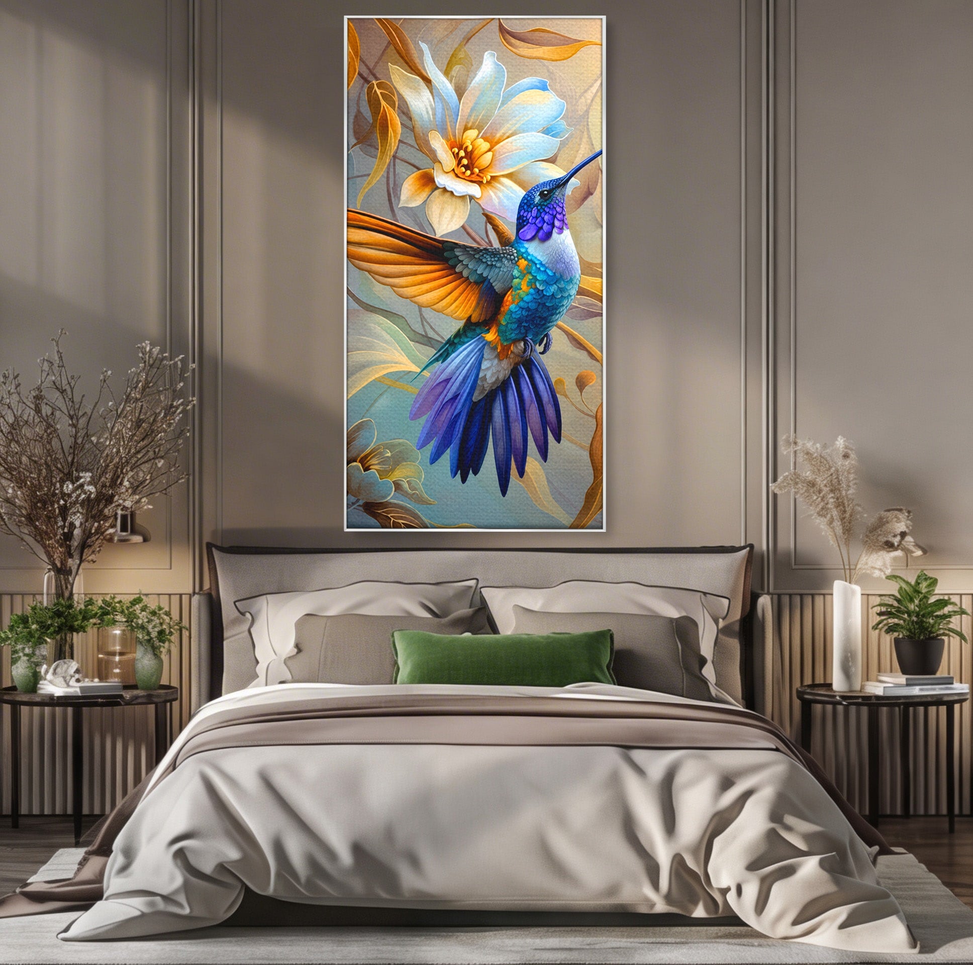 Tablou Canvas Premium LuxCanva® M1660, Colibri Exotic, Colibri, Pasare, Flori, Natura, Dormitor, Culori Vibrante
