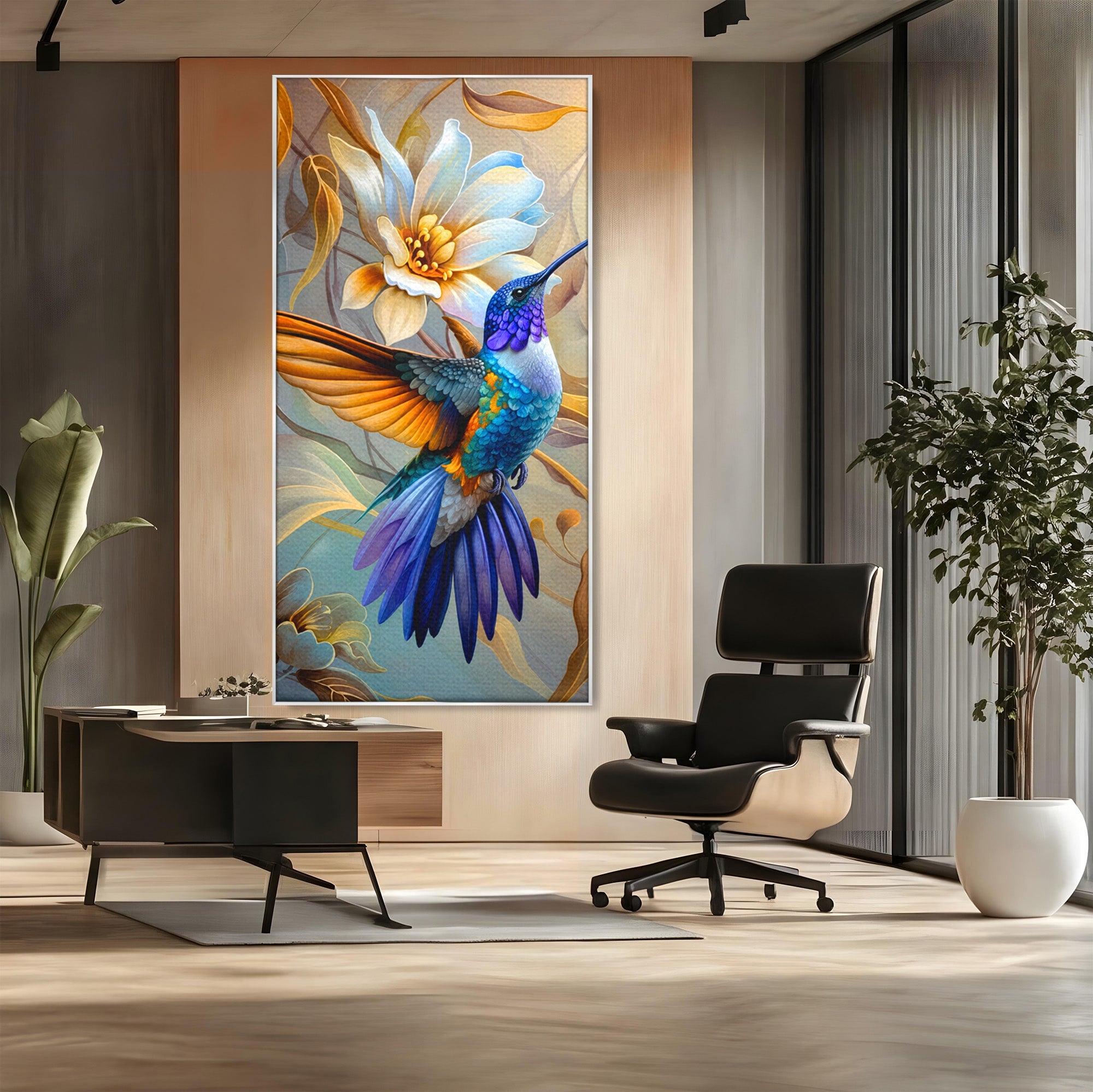 Tablou Canvas Premium LuxCanva® M1660, Colibri Exotic, Colibri, Pasare, Flori, Natura, Dormitor, Culori Vibrante