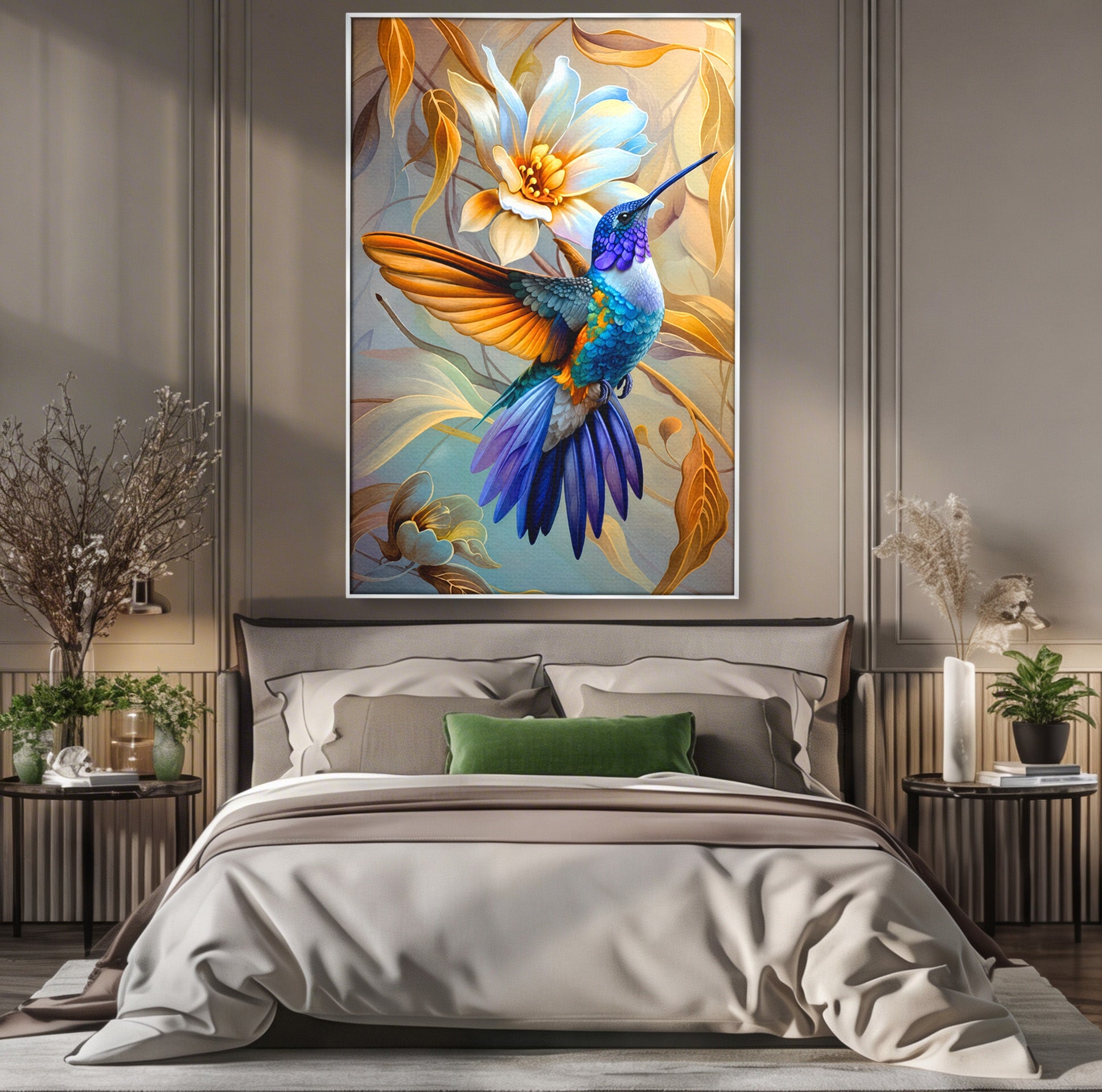 Tablou Canvas Premium LuxCanva® M1660, Colibri Exotic, Colibri, Pasare, Flori, Natura, Dormitor, Culori Vibrante