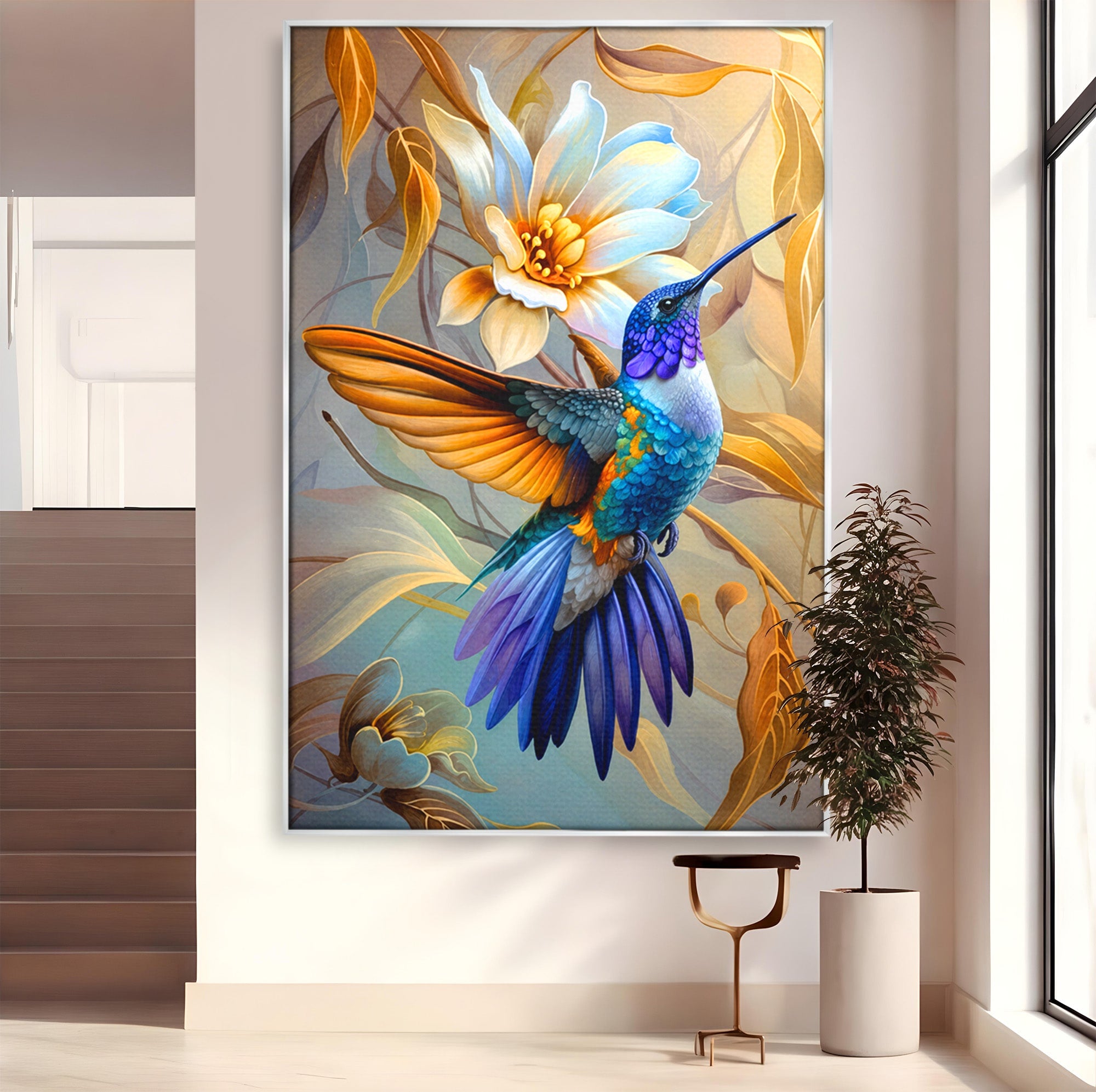 Tablou Canvas Premium LuxCanva® M1660, Colibri Exotic, Colibri, Pasare, Flori, Natura, Dormitor, Culori Vibrante