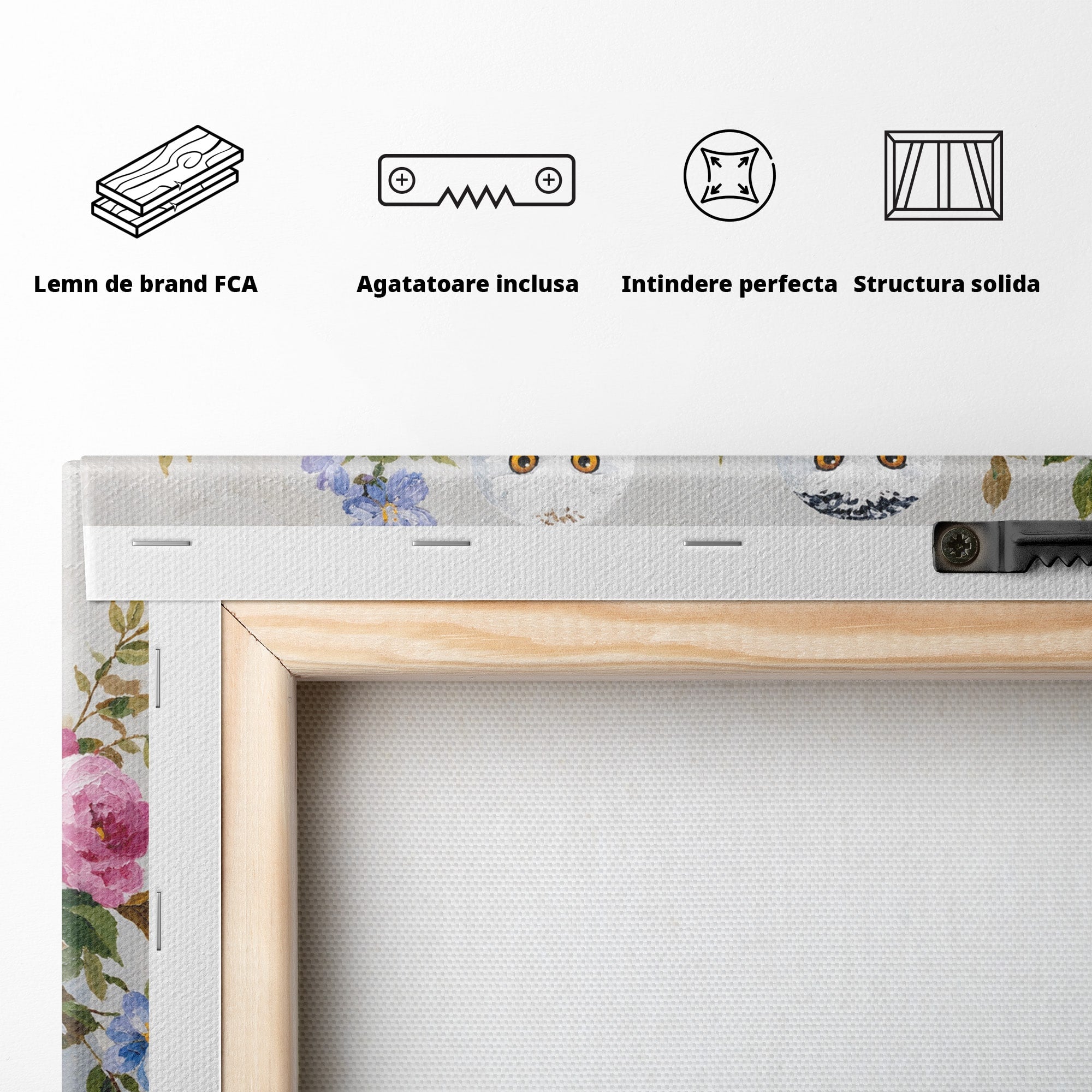 Tablou Canvas Premium LuxCanva® M1661, Bufnite In Aranjament Floral, Bufnite, Flori, Natura, Living, Dormitor, Culori Vibrante