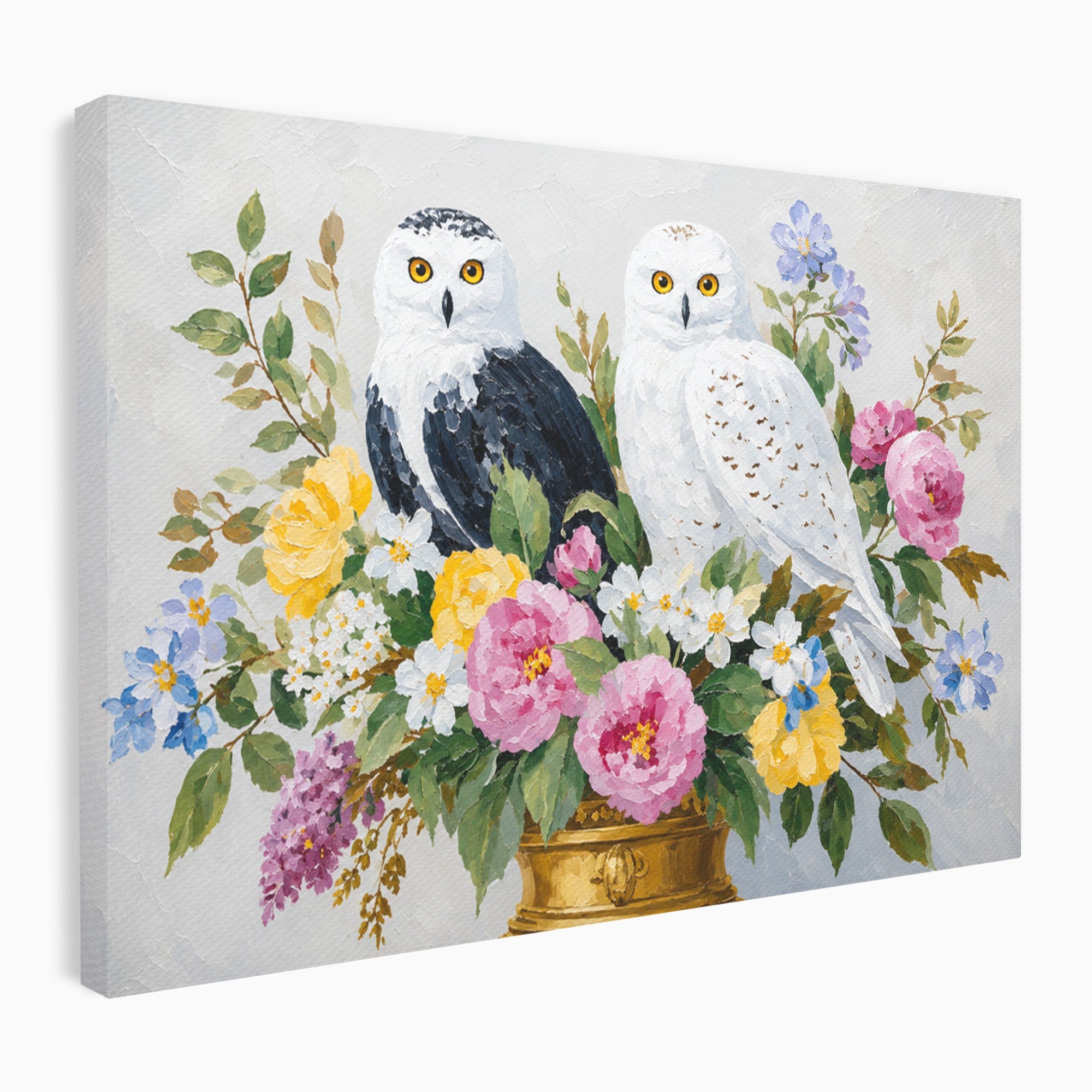 Tablou Canvas Premium LuxCanva® M1661, Bufnite In Aranjament Floral, Bufnite, Flori, Natura, Living, Dormitor, Culori Vibrante
