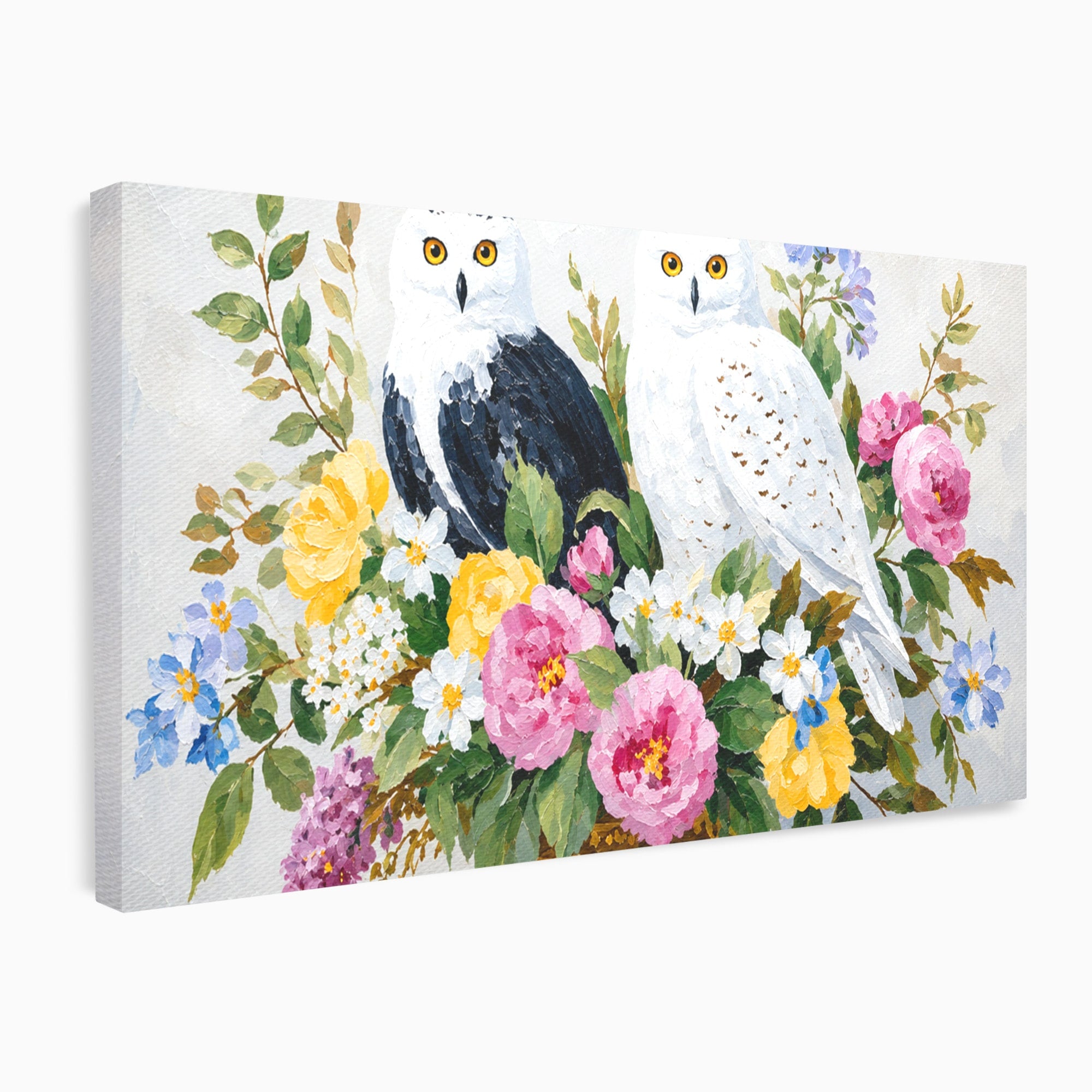Tablou Canvas Premium LuxCanva® M1661, Bufnite In Aranjament Floral, Bufnite, Flori, Natura, Living, Dormitor, Culori Vibrante