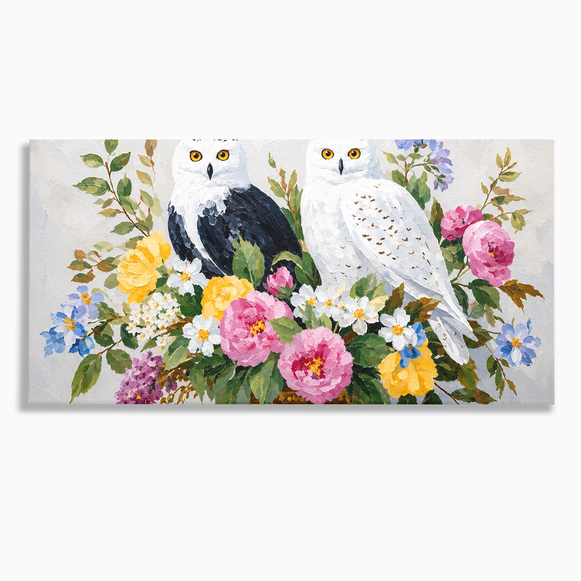 Tablou Canvas Premium LuxCanva® M1661, Bufnite In Aranjament Floral, Bufnite, Flori, Natura, Living, Dormitor, Culori Vibrante