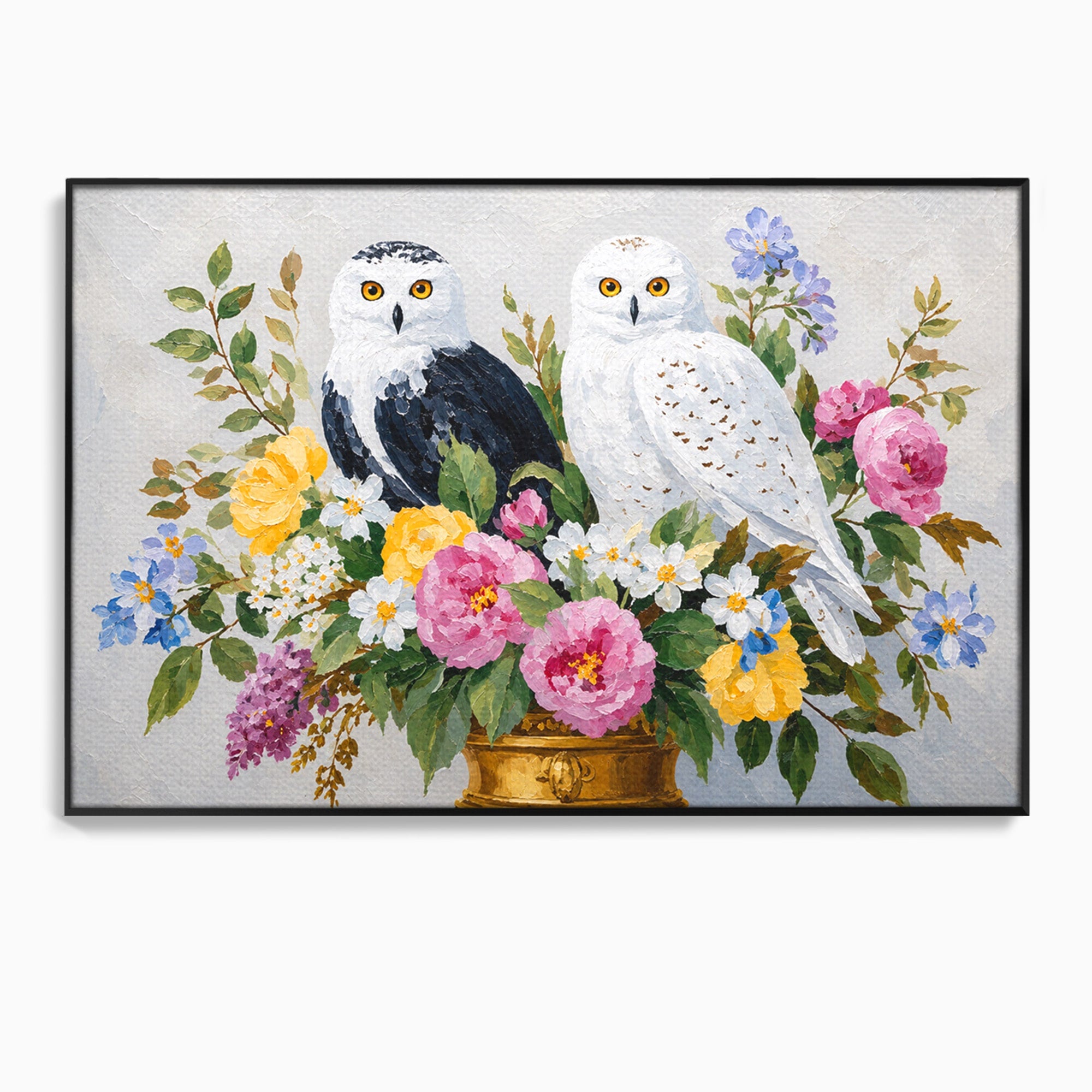 Tablou Canvas Premium LuxCanva® M1661, Bufnite In Aranjament Floral, Bufnite, Flori, Natura, Living, Dormitor, Culori Vibrante