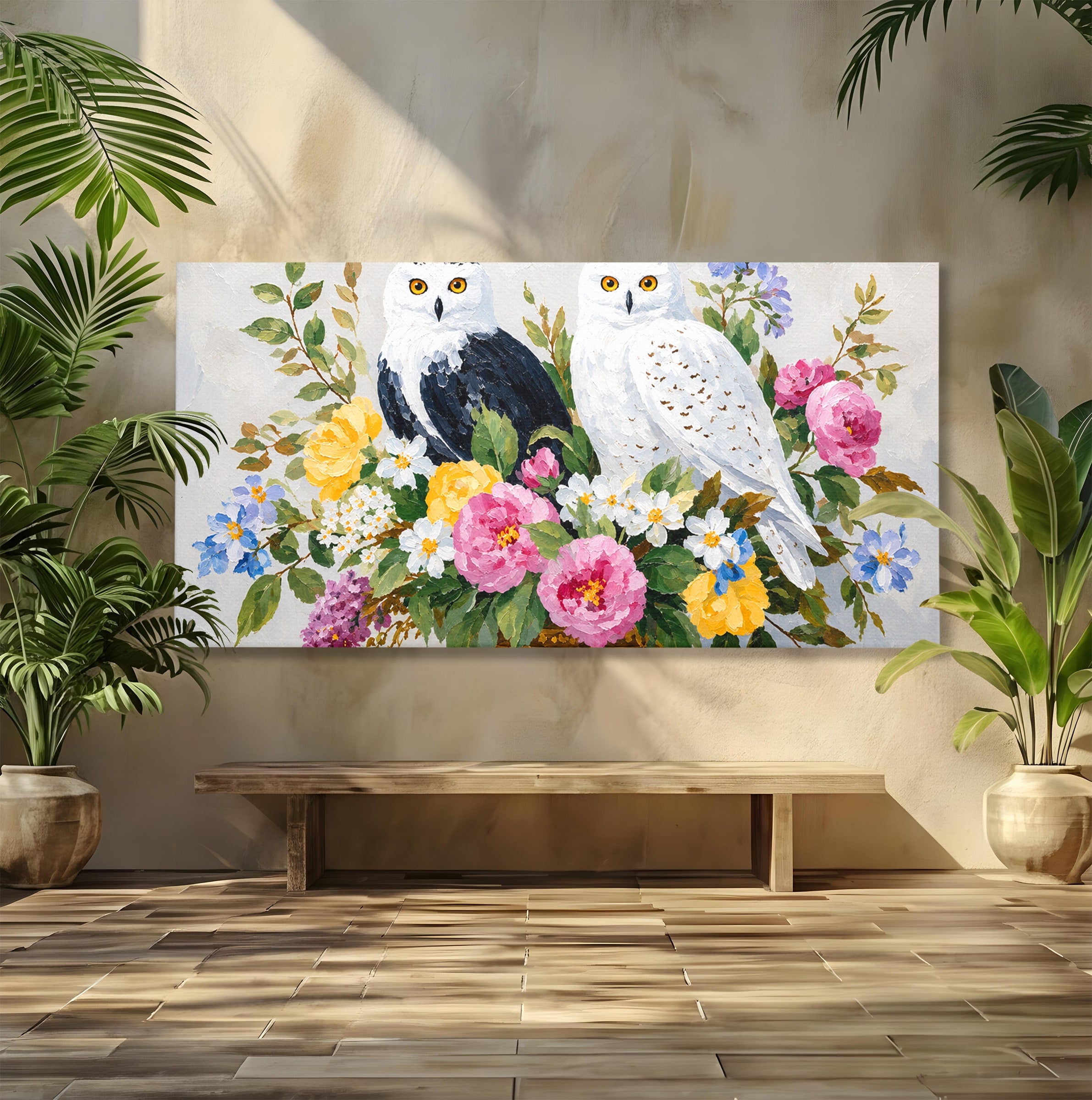 Tablou Canvas Premium LuxCanva® M1661, Bufnite In Aranjament Floral, Bufnite, Flori, Natura, Living, Dormitor, Culori Vibrante