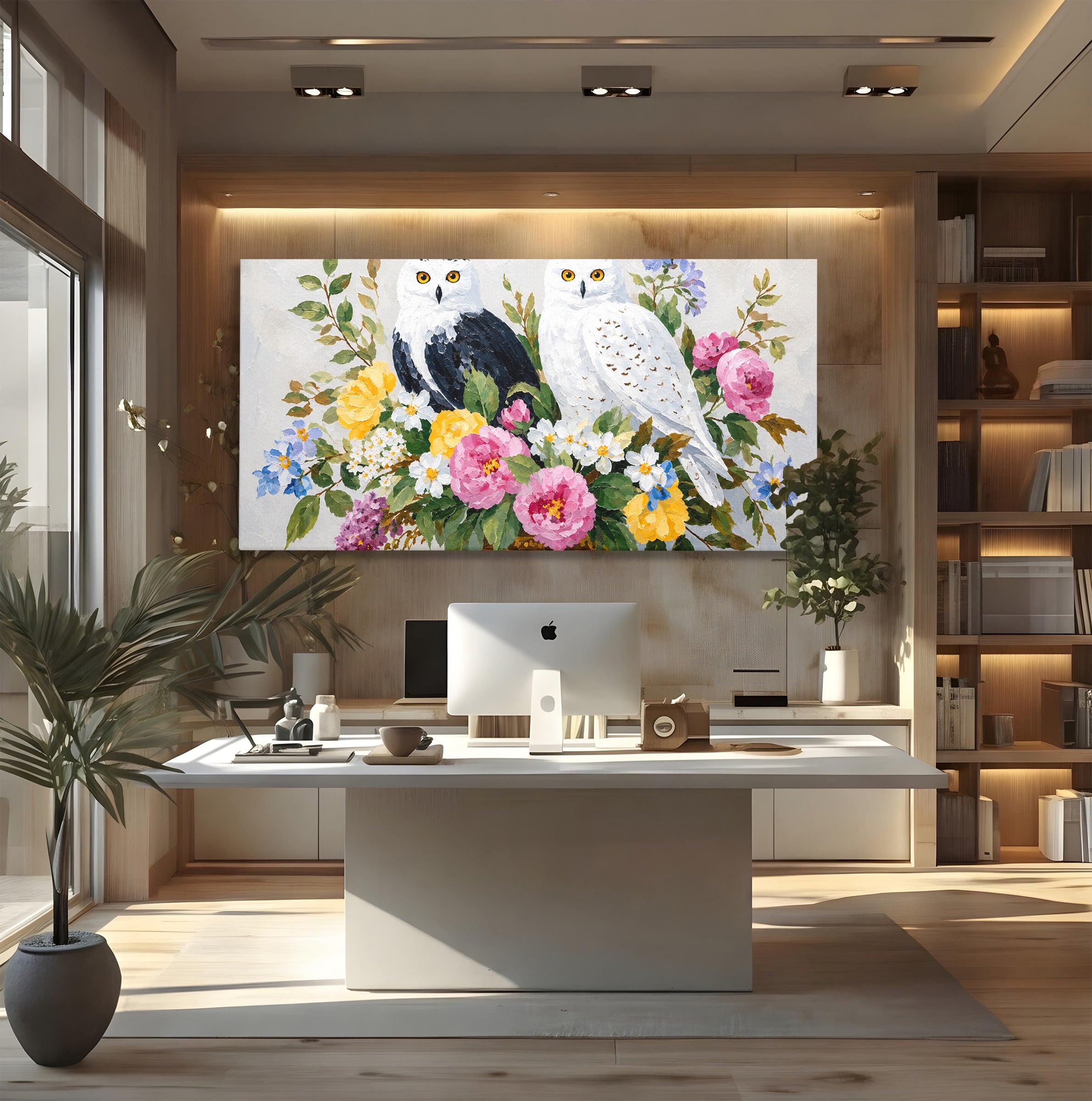 Tablou Canvas Premium LuxCanva® M1661, Bufnite In Aranjament Floral, Bufnite, Flori, Natura, Living, Dormitor, Culori Vibrante