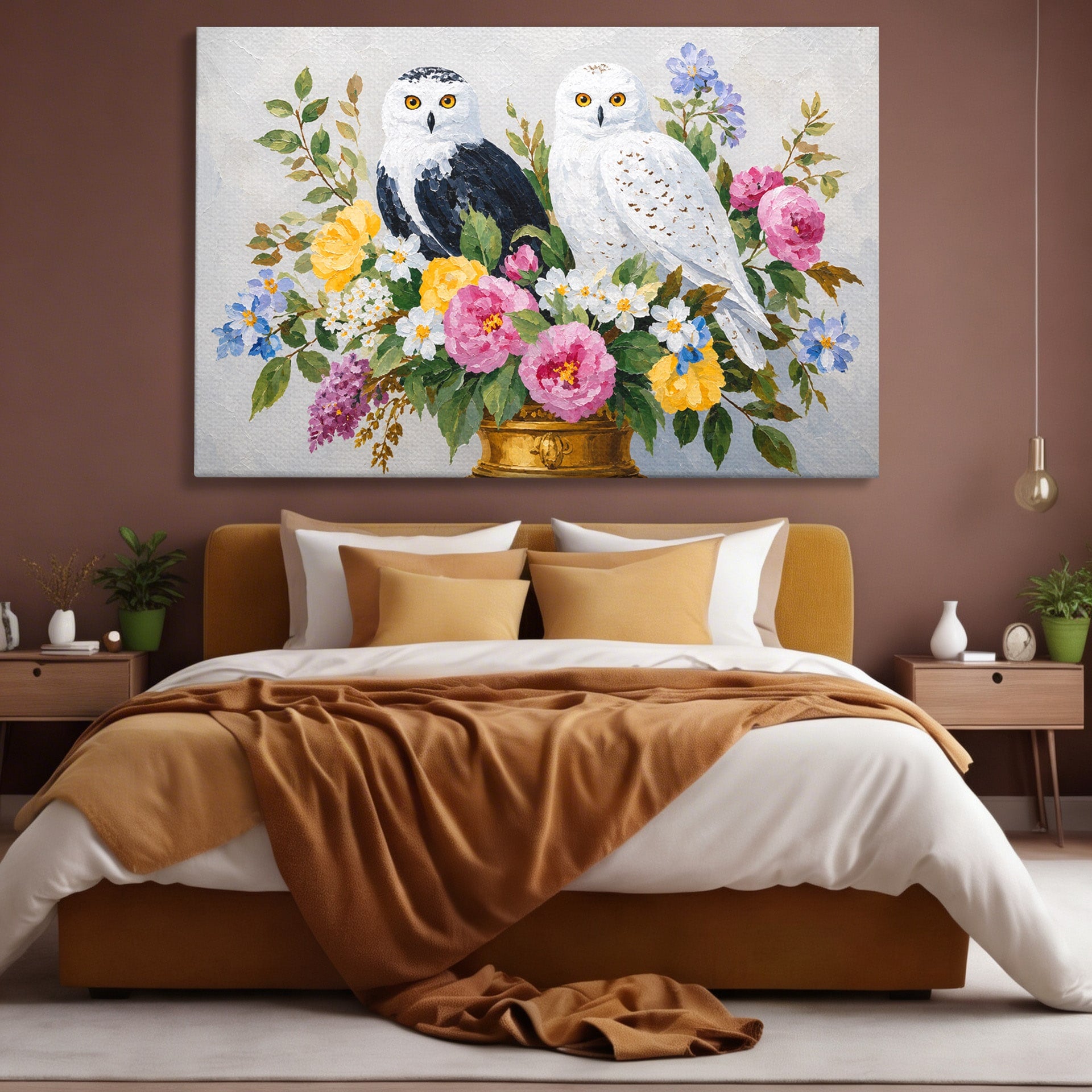 Tablou Canvas Premium LuxCanva® M1661, Bufnite In Aranjament Floral, Bufnite, Flori, Natura, Living, Dormitor, Culori Vibrante