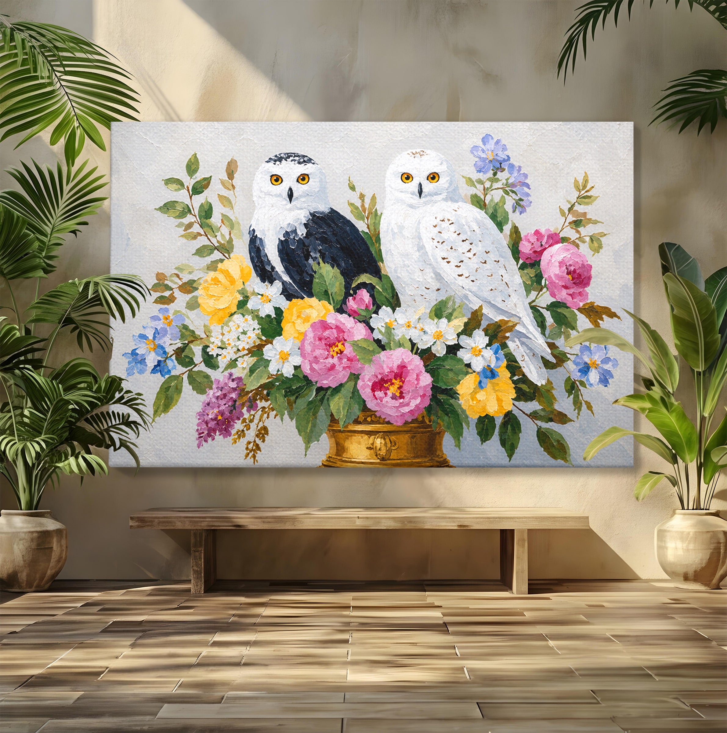Tablou Canvas Premium LuxCanva® M1661, Bufnite In Aranjament Floral, Bufnite, Flori, Natura, Living, Dormitor, Culori Vibrante