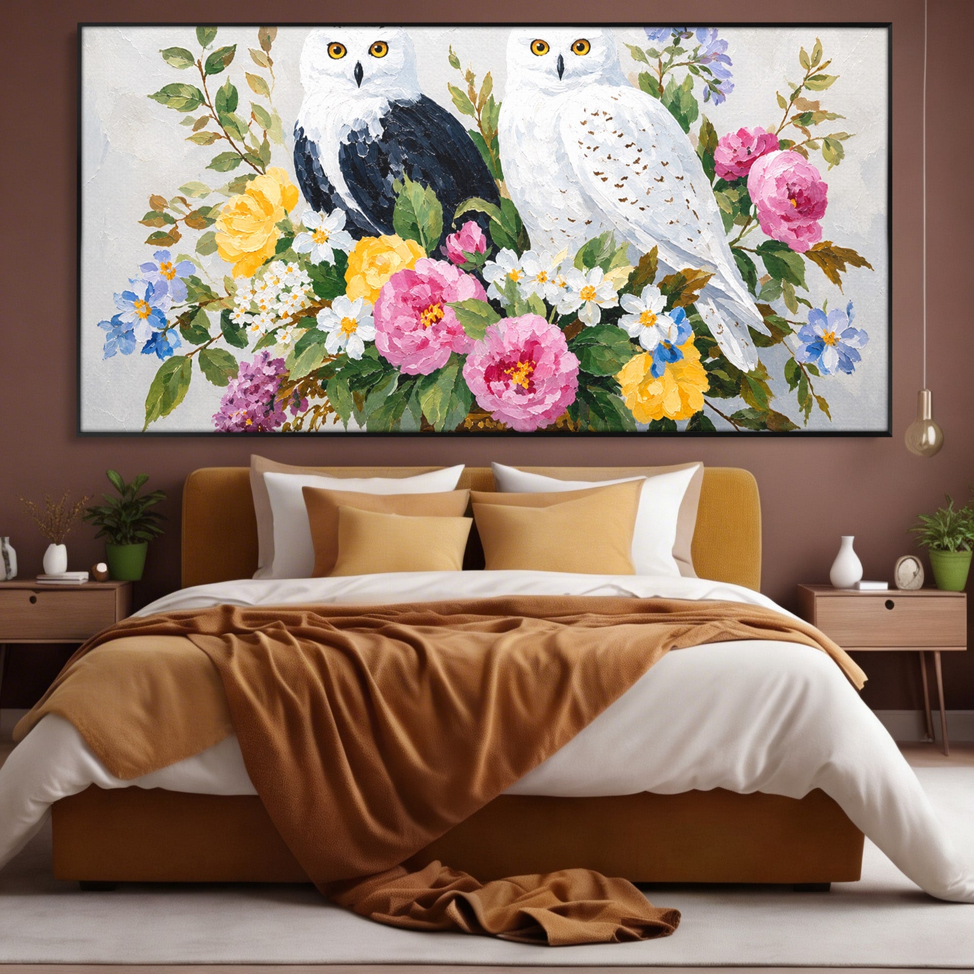 Tablou Canvas Premium LuxCanva® M1661, Bufnite In Aranjament Floral, Bufnite, Flori, Natura, Living, Dormitor, Culori Vibrante