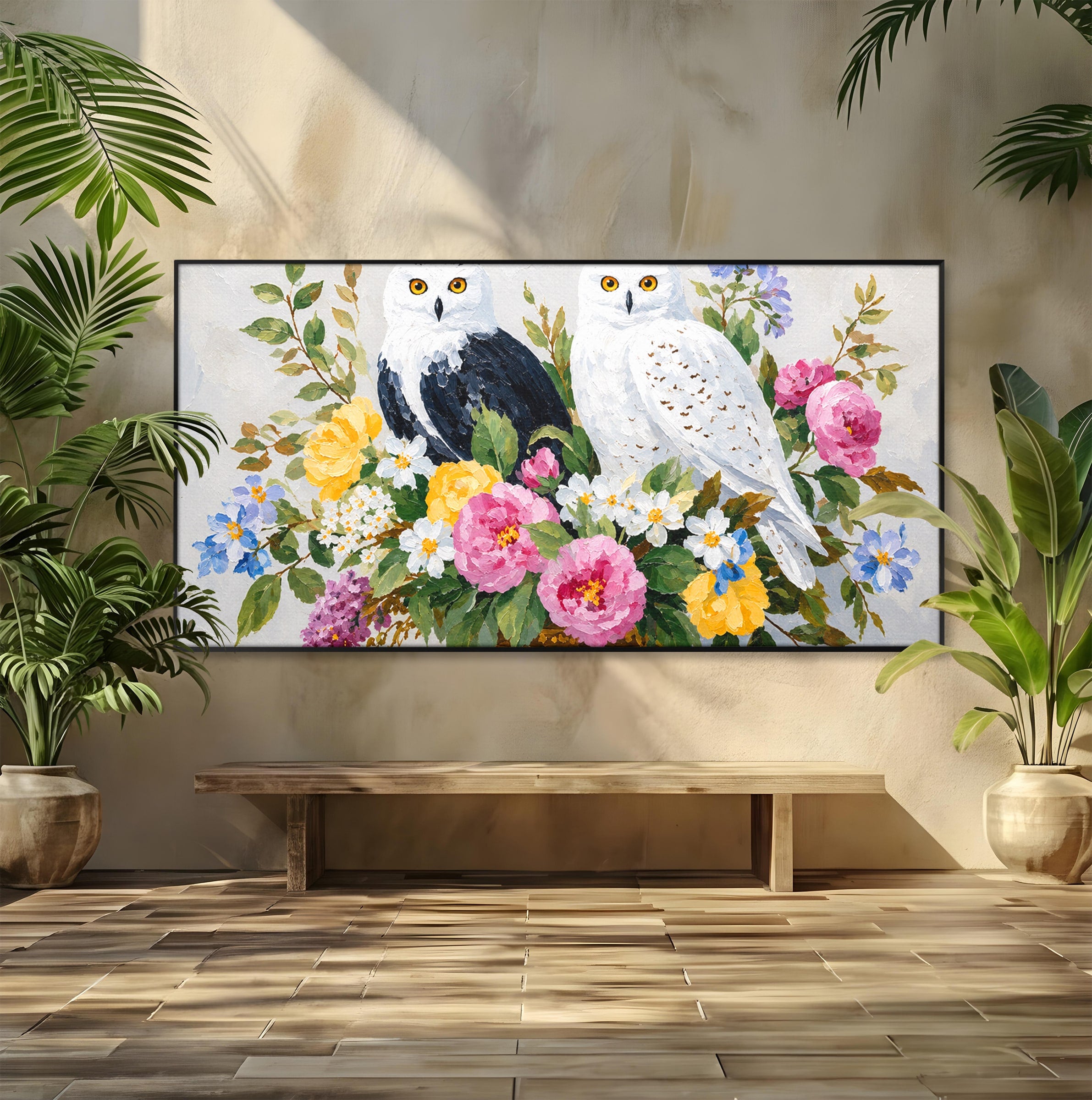 Tablou Canvas Premium LuxCanva® M1661, Bufnite In Aranjament Floral, Bufnite, Flori, Natura, Living, Dormitor, Culori Vibrante
