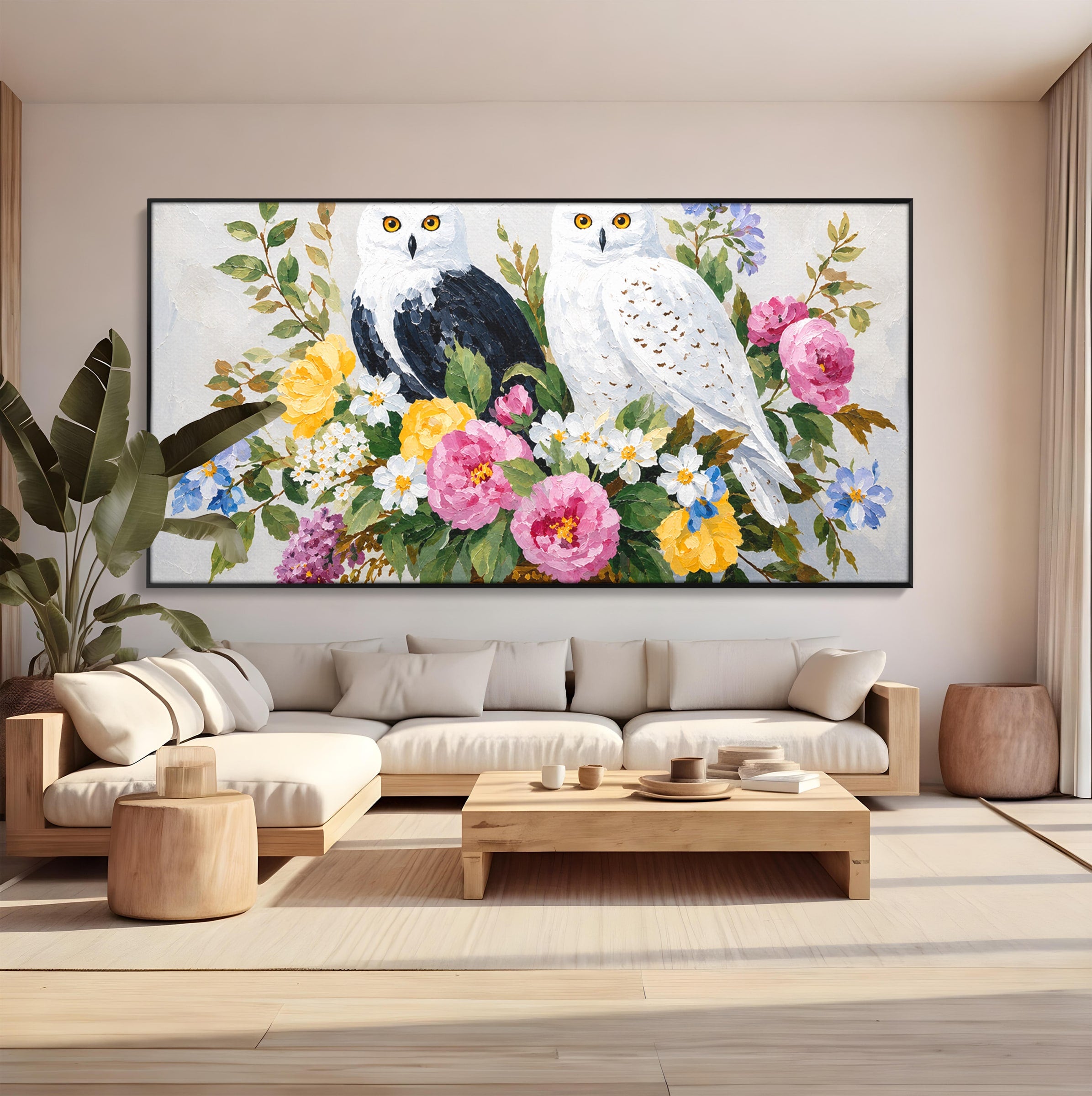 Tablou Canvas Premium LuxCanva® M1661, Bufnite In Aranjament Floral, Bufnite, Flori, Natura, Living, Dormitor, Culori Vibrante