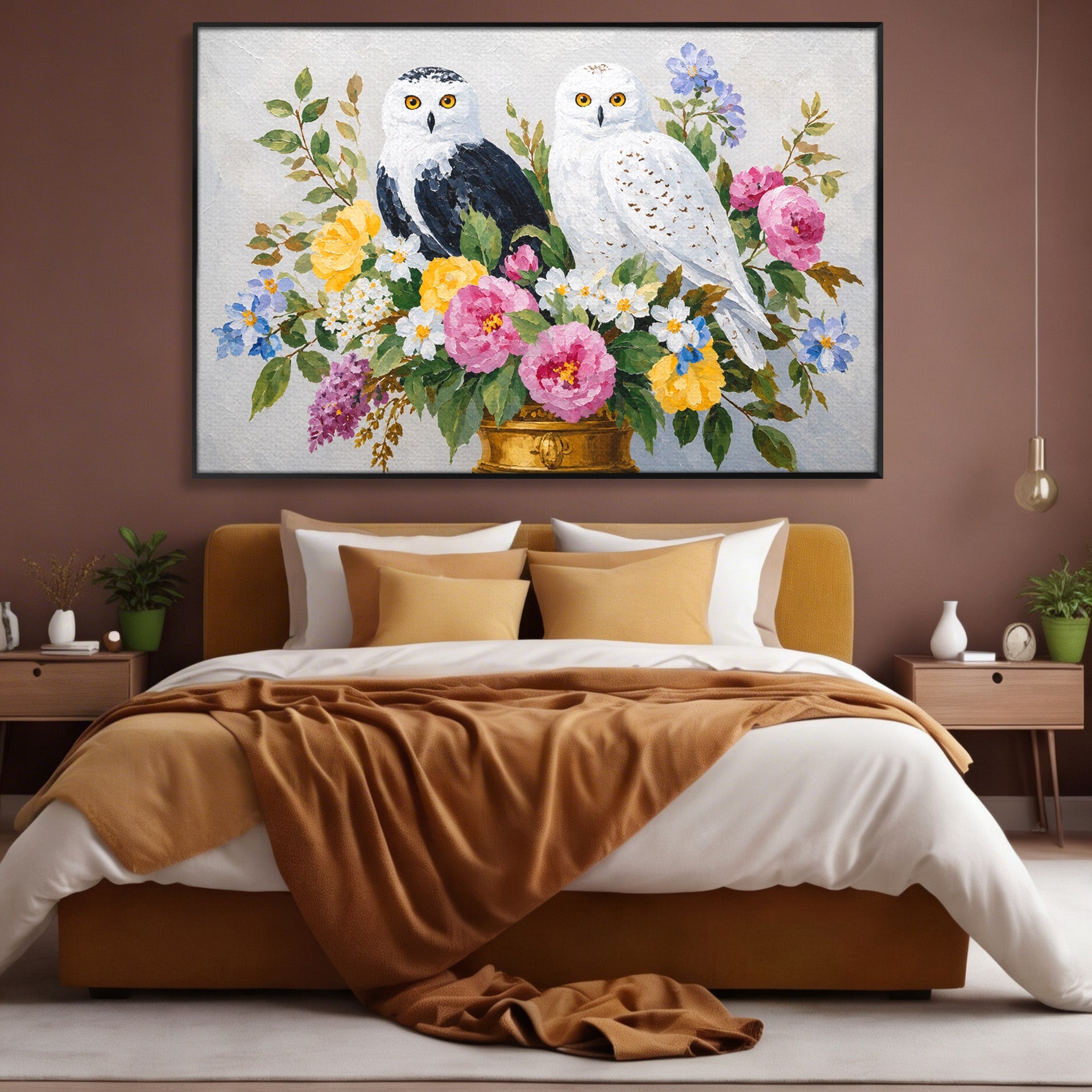 Tablou Canvas Premium LuxCanva® M1661, Bufnite In Aranjament Floral, Bufnite, Flori, Natura, Living, Dormitor, Culori Vibrante