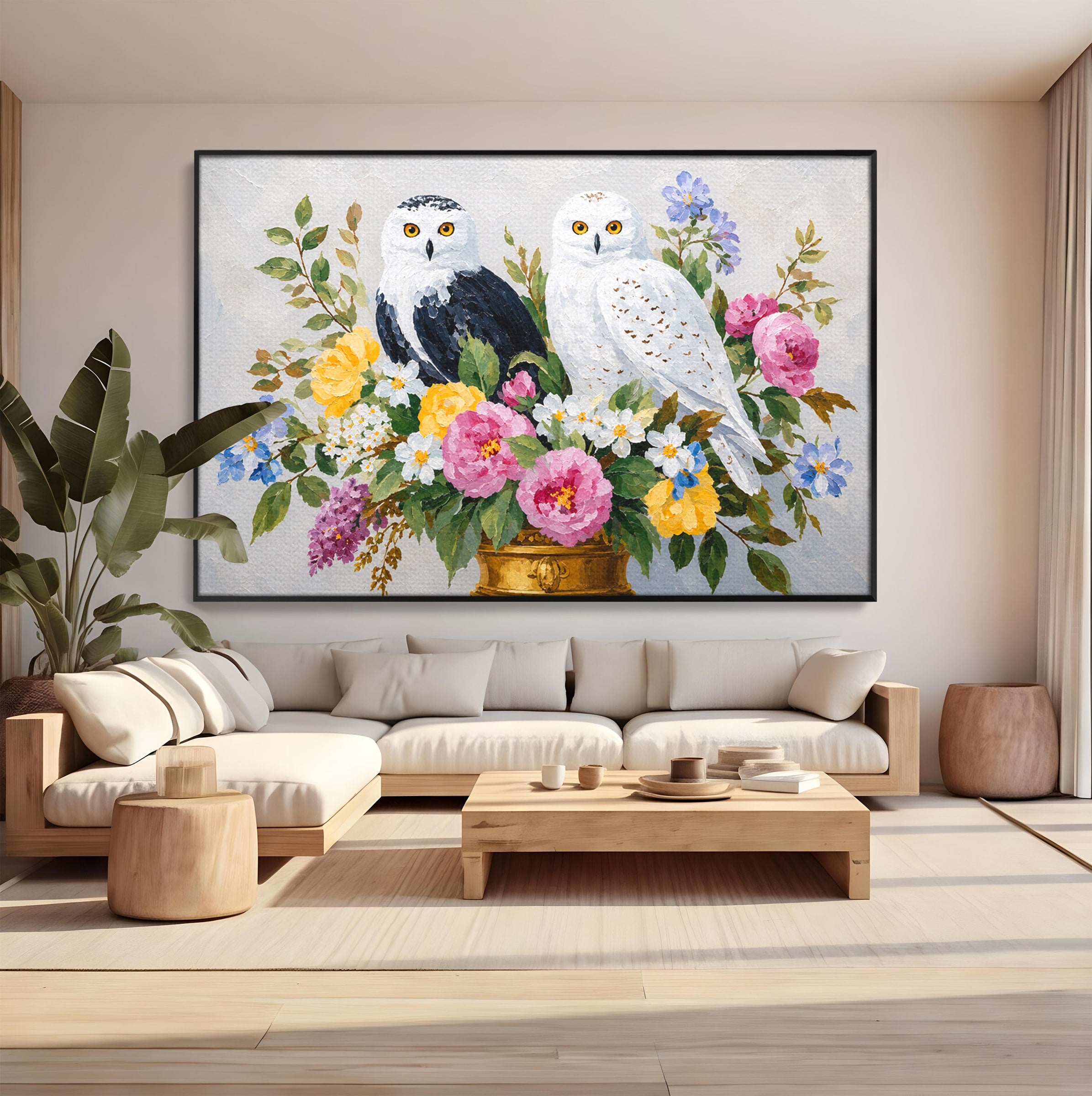Tablou Canvas Premium LuxCanva® M1661, Bufnite In Aranjament Floral, Bufnite, Flori, Natura, Living, Dormitor, Culori Vibrante