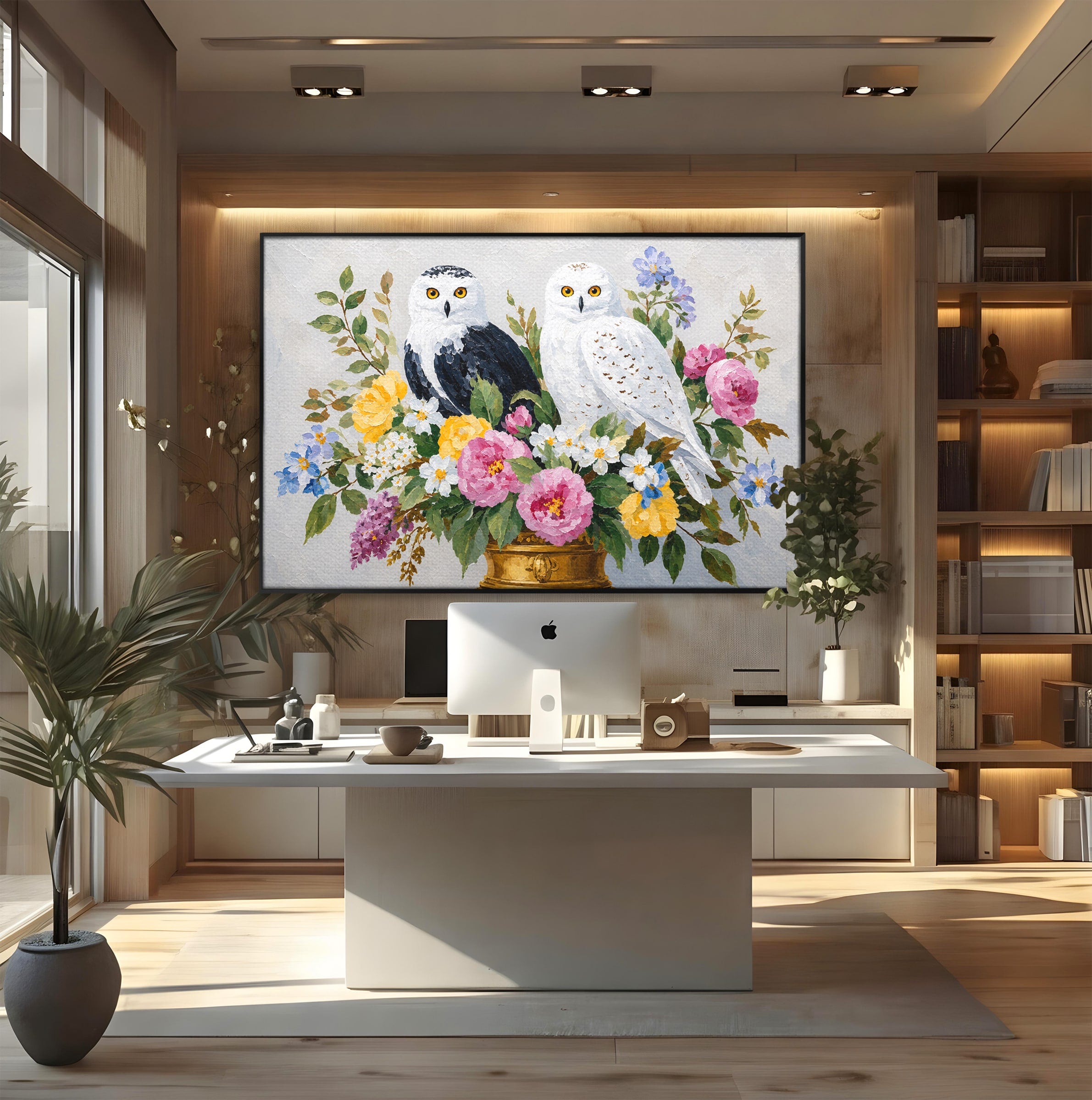Tablou Canvas Premium LuxCanva® M1661, Bufnite In Aranjament Floral, Bufnite, Flori, Natura, Living, Dormitor, Culori Vibrante