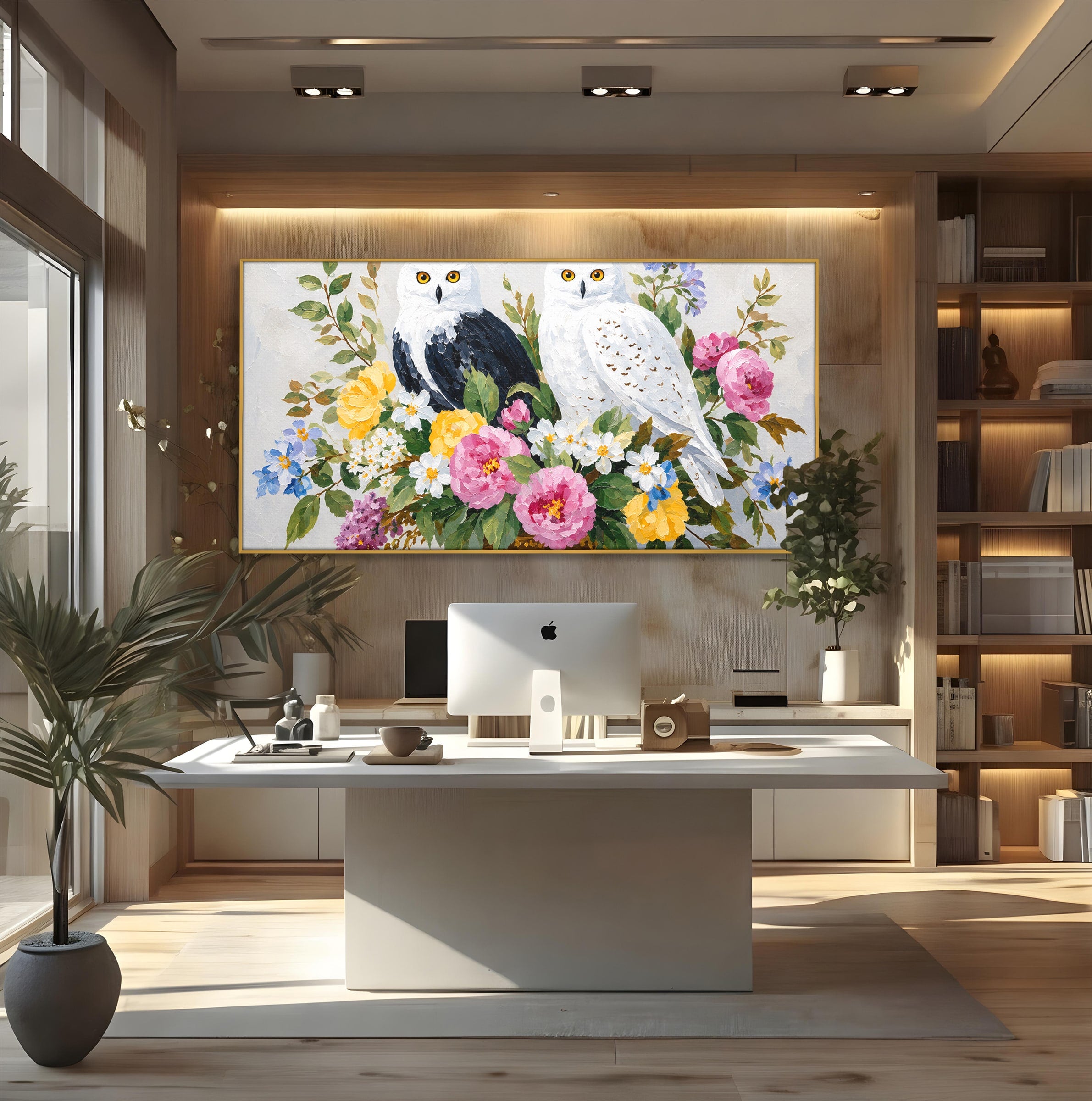 Tablou Canvas Premium LuxCanva® M1661, Bufnite In Aranjament Floral, Bufnite, Flori, Natura, Living, Dormitor, Culori Vibrante