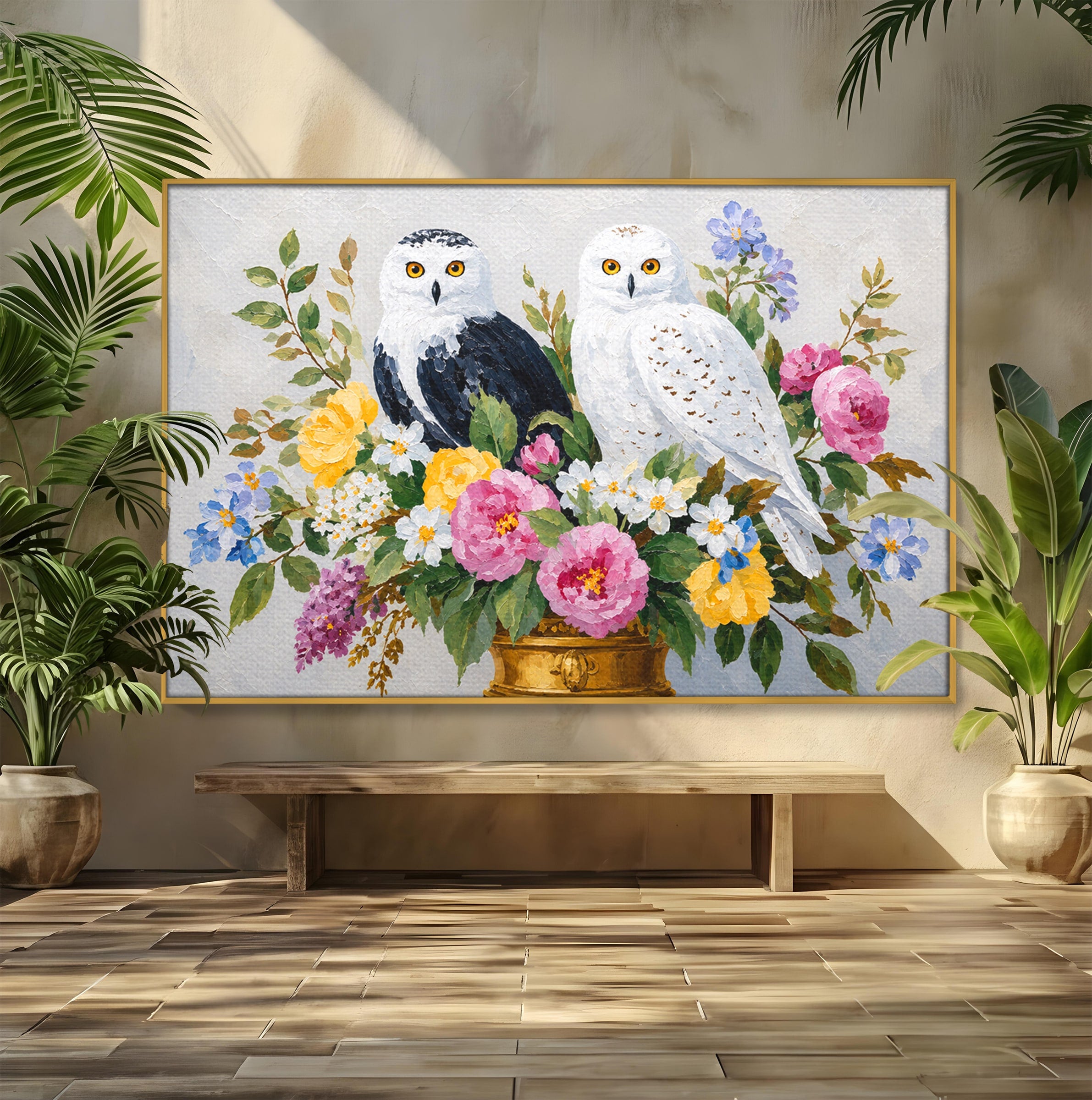 Tablou Canvas Premium LuxCanva® M1661, Bufnite In Aranjament Floral, Bufnite, Flori, Natura, Living, Dormitor, Culori Vibrante