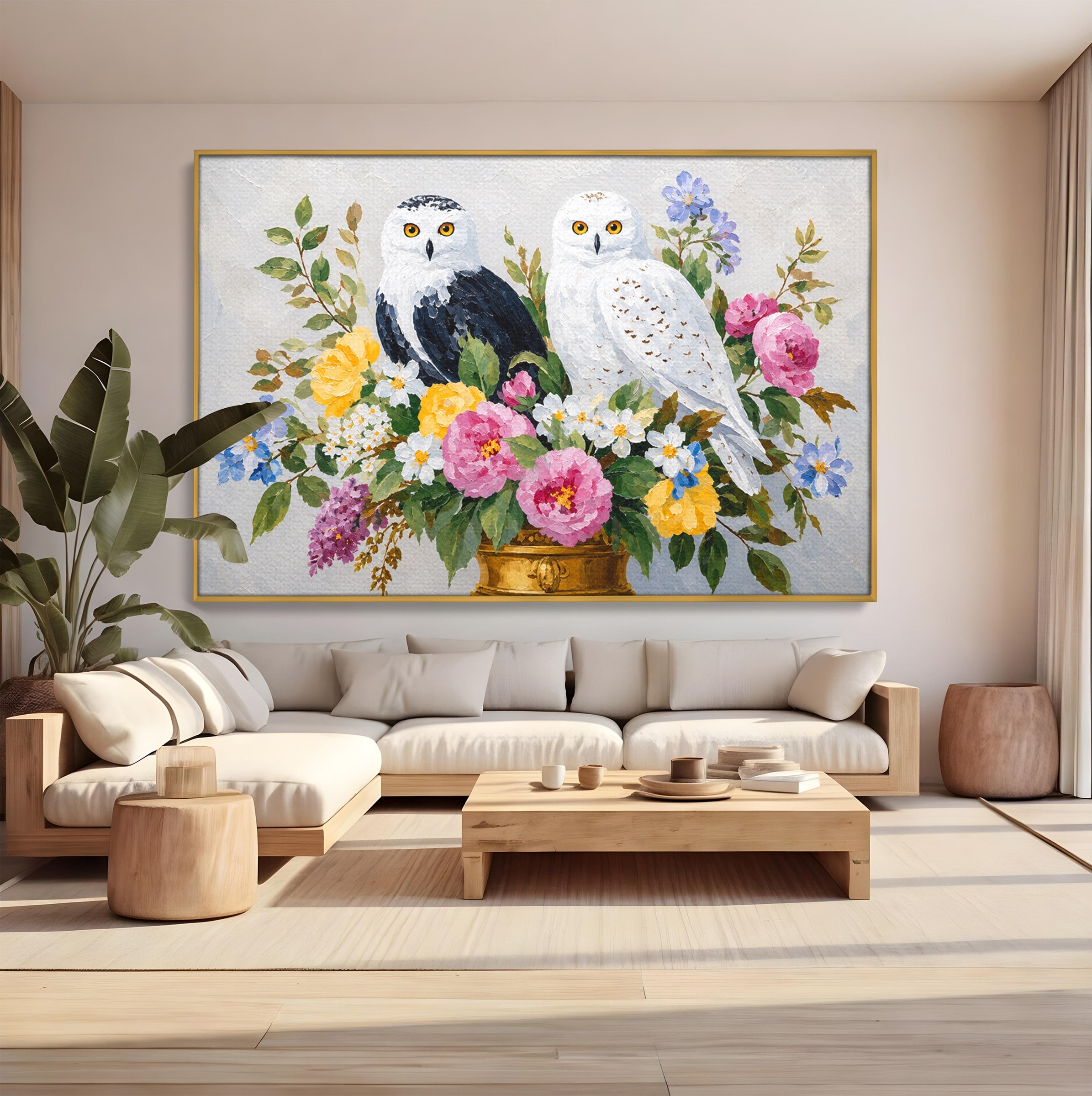 Tablou Canvas Premium LuxCanva® M1661, Bufnite In Aranjament Floral, Bufnite, Flori, Natura, Living, Dormitor, Culori Vibrante