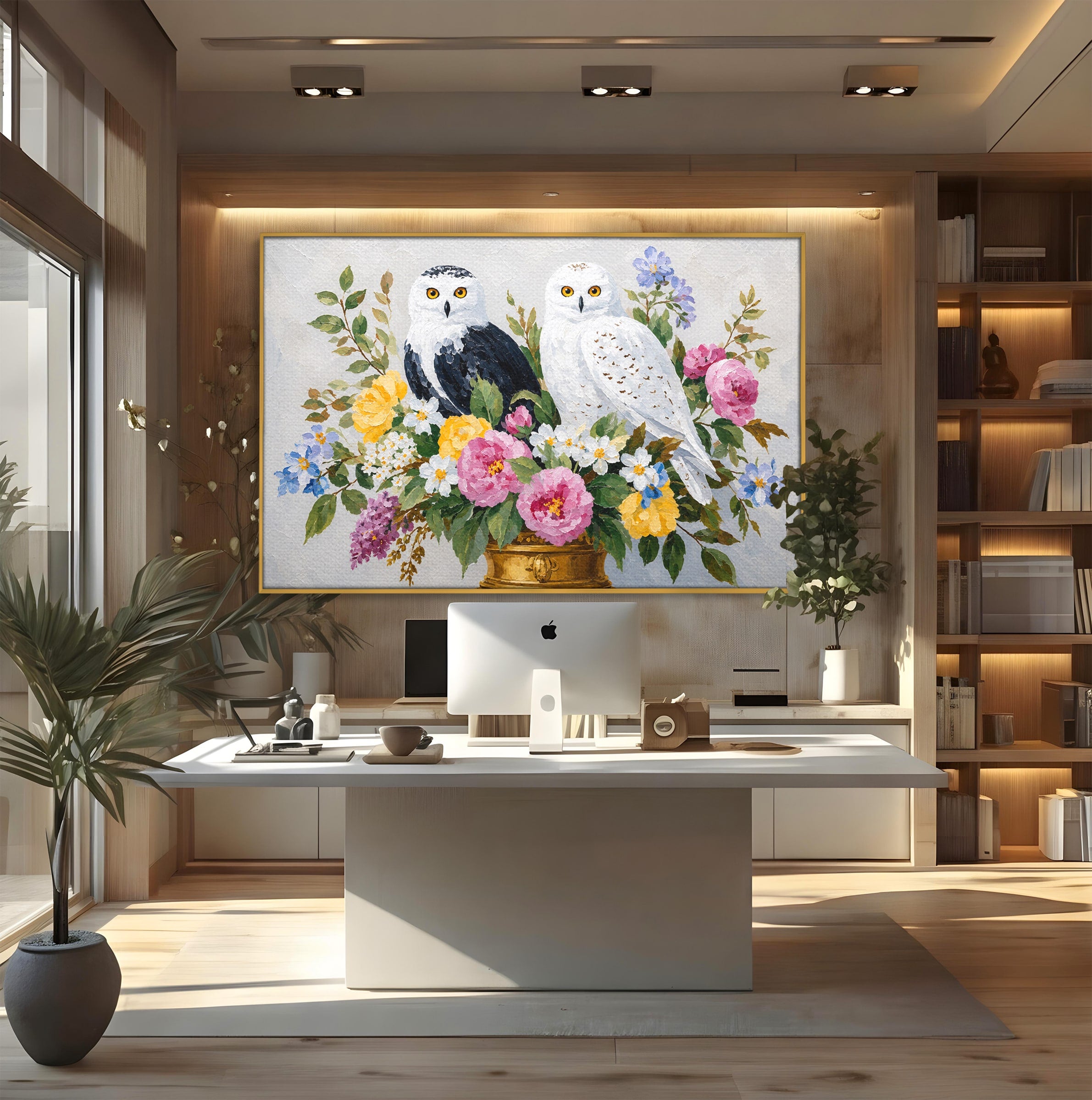 Tablou Canvas Premium LuxCanva® M1661, Bufnite In Aranjament Floral, Bufnite, Flori, Natura, Living, Dormitor, Culori Vibrante
