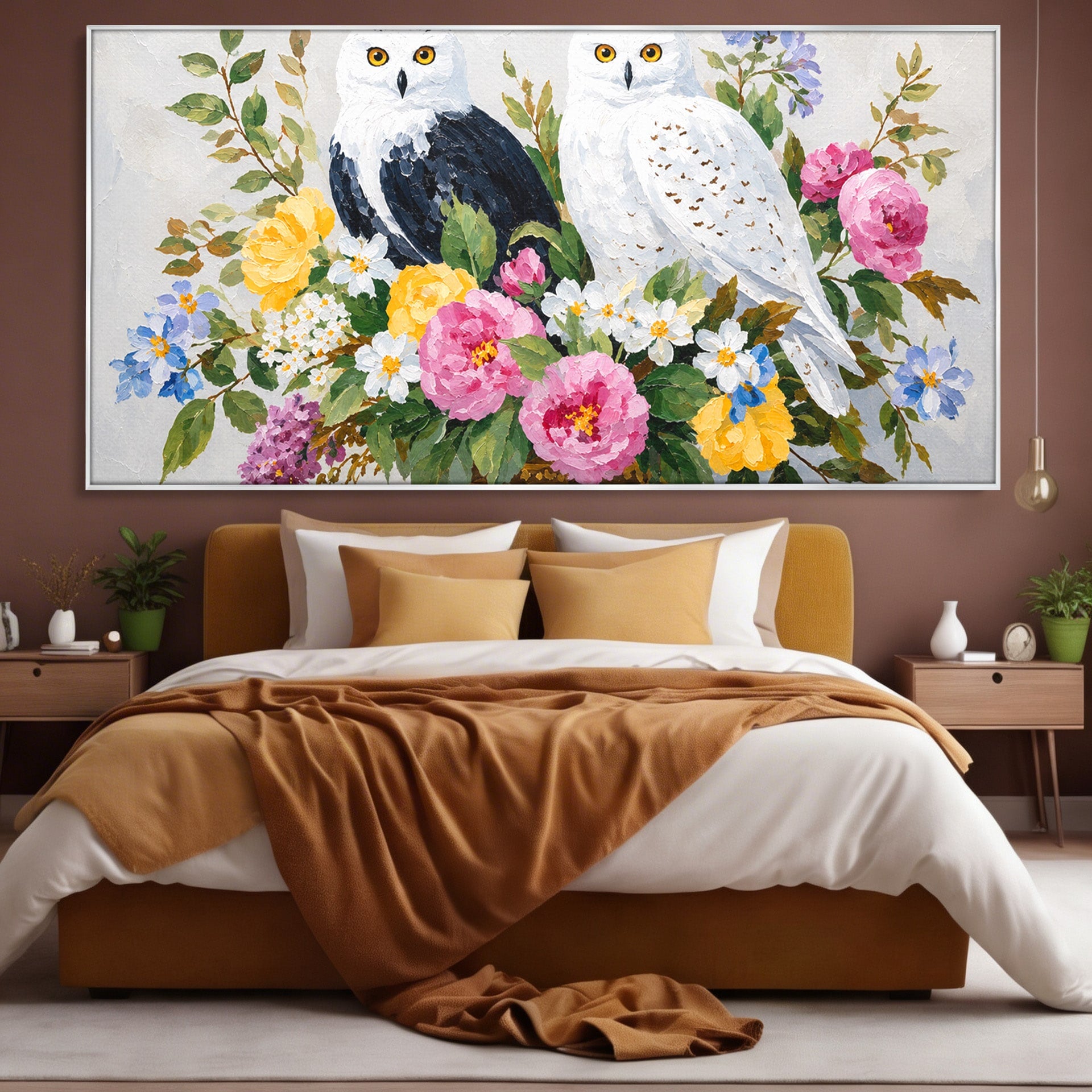 Tablou Canvas Premium LuxCanva® M1661, Bufnite In Aranjament Floral, Bufnite, Flori, Natura, Living, Dormitor, Culori Vibrante