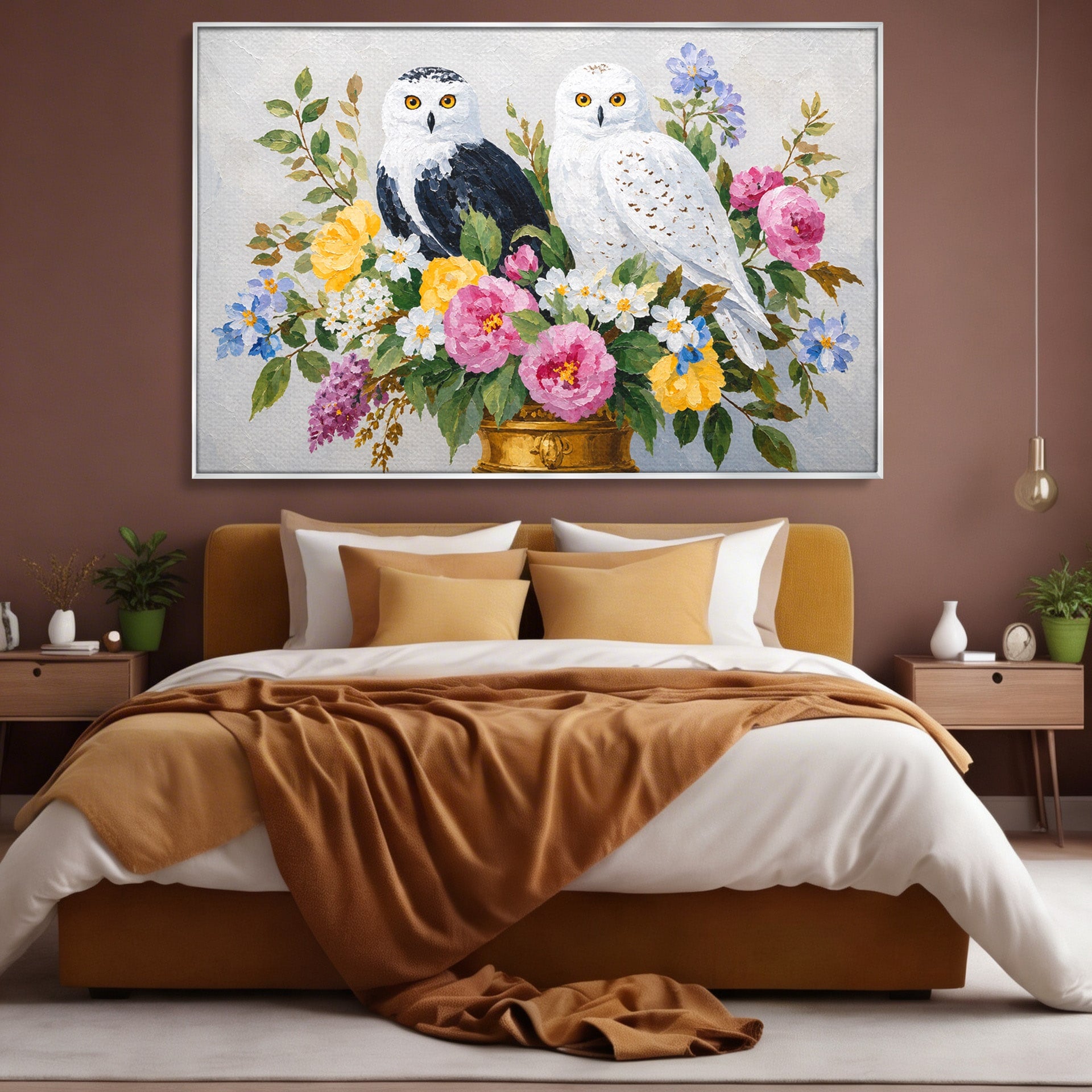 Tablou Canvas Premium LuxCanva® M1661, Bufnite In Aranjament Floral, Bufnite, Flori, Natura, Living, Dormitor, Culori Vibrante