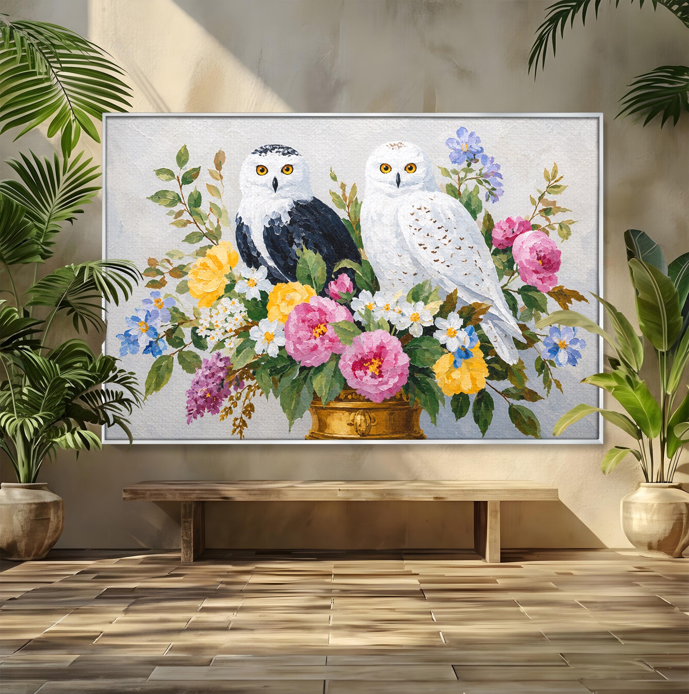 Tablou Canvas Premium LuxCanva® M1661, Bufnite In Aranjament Floral, Bufnite, Flori, Natura, Living, Dormitor, Culori Vibrante