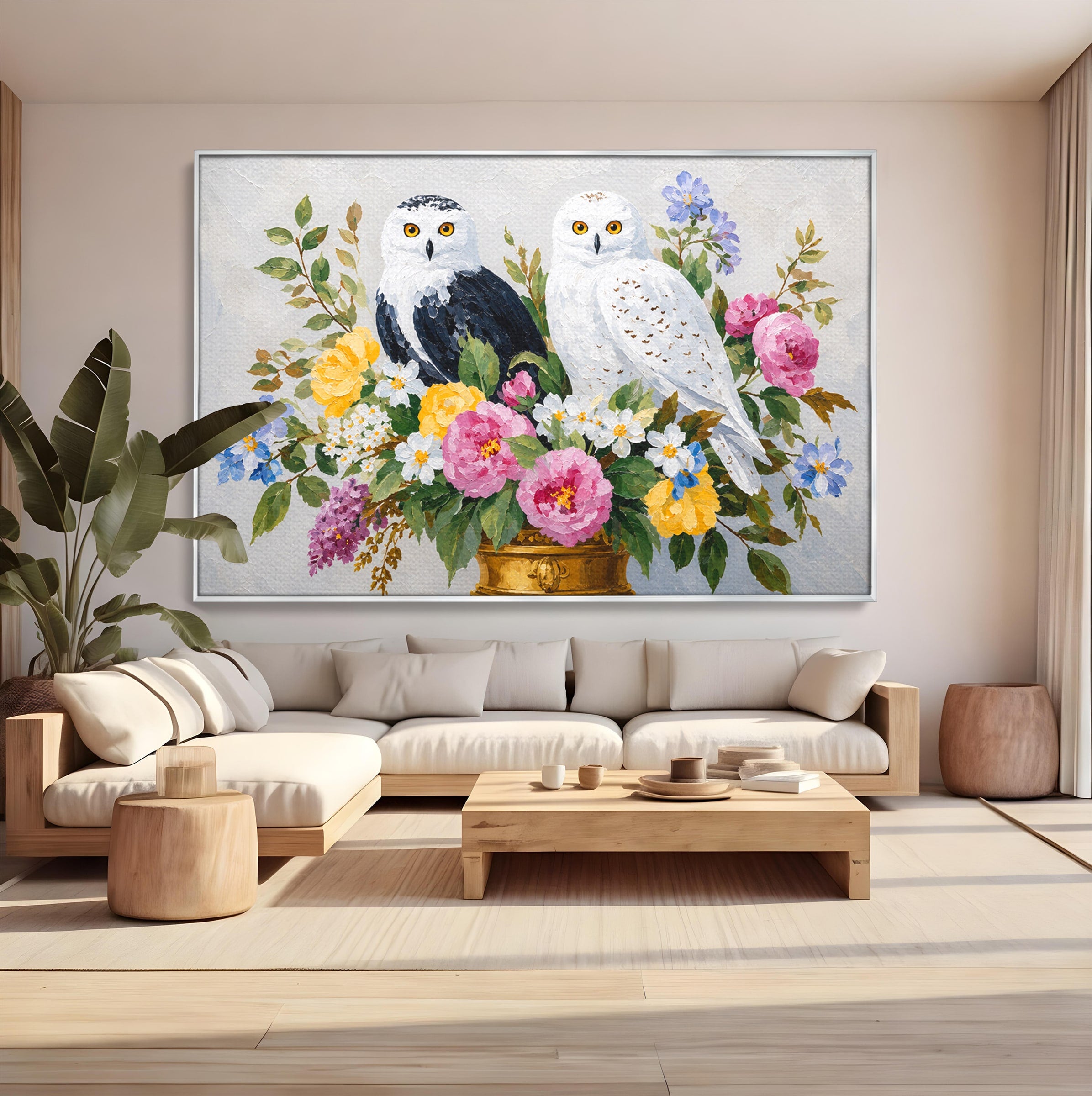 Tablou Canvas Premium LuxCanva® M1661, Bufnite In Aranjament Floral, Bufnite, Flori, Natura, Living, Dormitor, Culori Vibrante