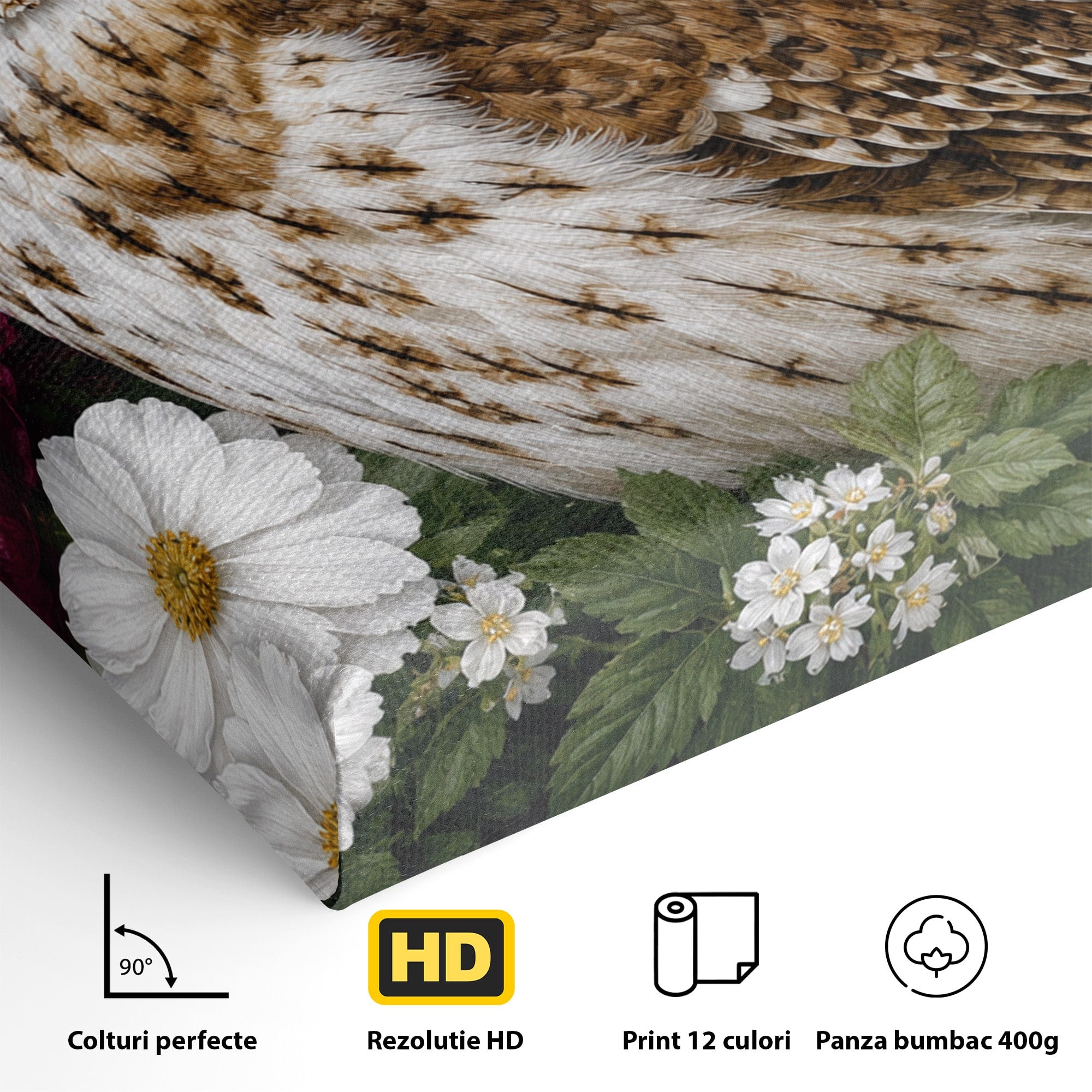 Tablou Canvas Premium LuxCanva® M1667, Bufnita Printre Flori, Bufnita, Flori, Natura, Animale, Detalii, Living, Culori Vibrante