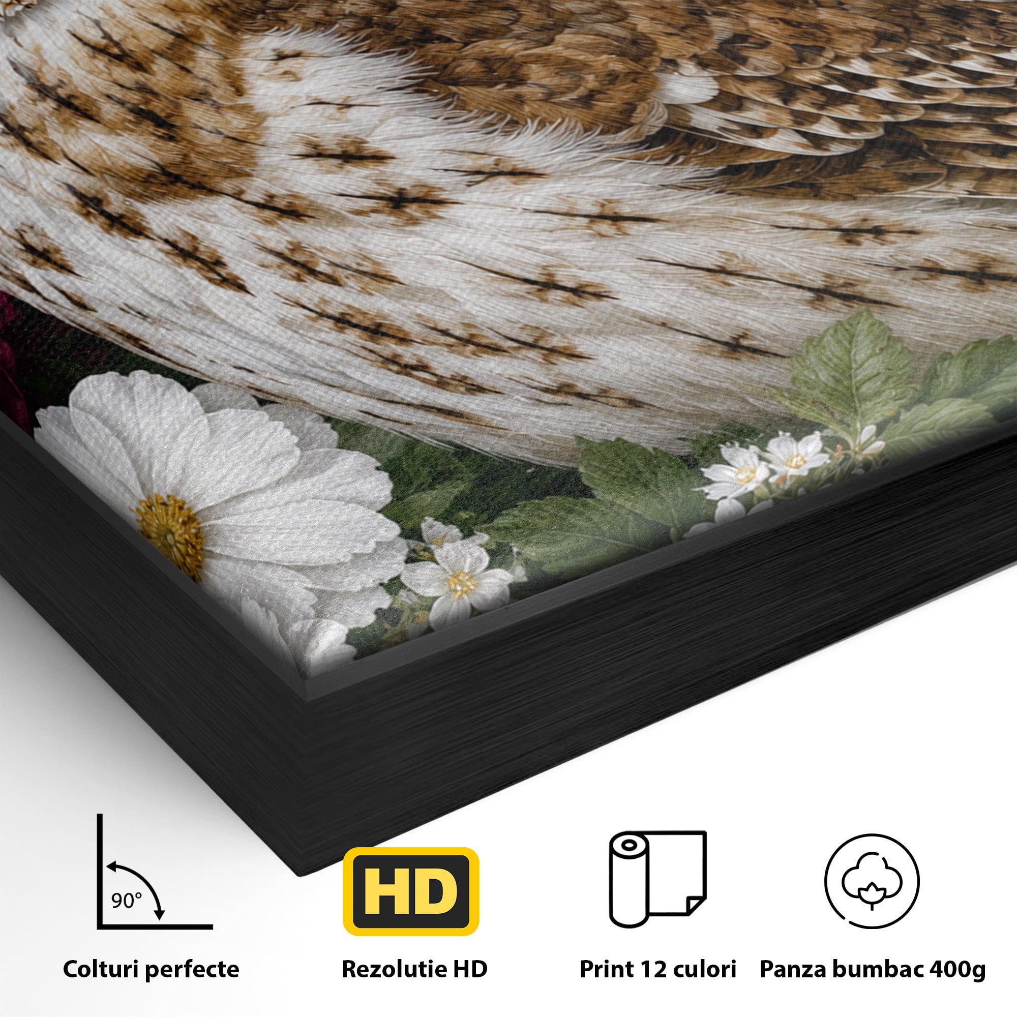 Tablou Canvas Premium LuxCanva® M1667, Bufnita Printre Flori, Bufnita, Flori, Natura, Animale, Detalii, Living, Culori Vibrante