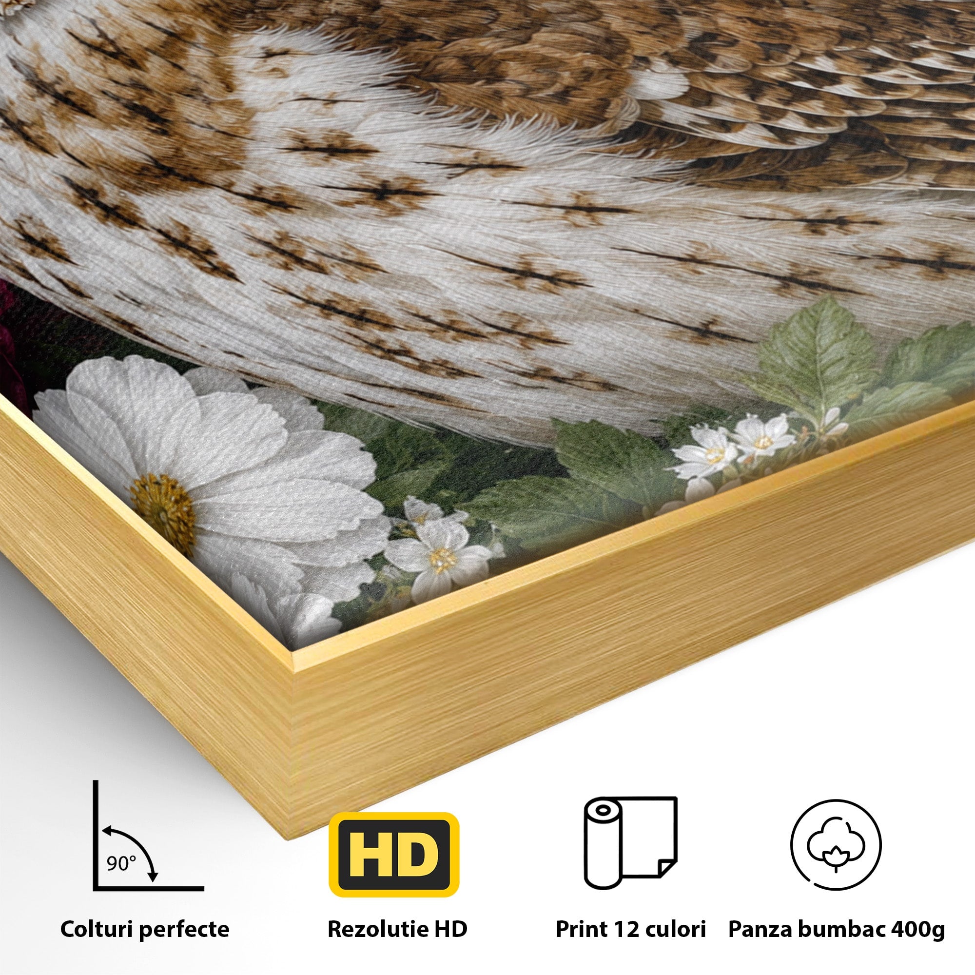 Tablou Canvas Premium LuxCanva® M1667, Bufnita Printre Flori, Bufnita, Flori, Natura, Animale, Detalii, Living, Culori Vibrante