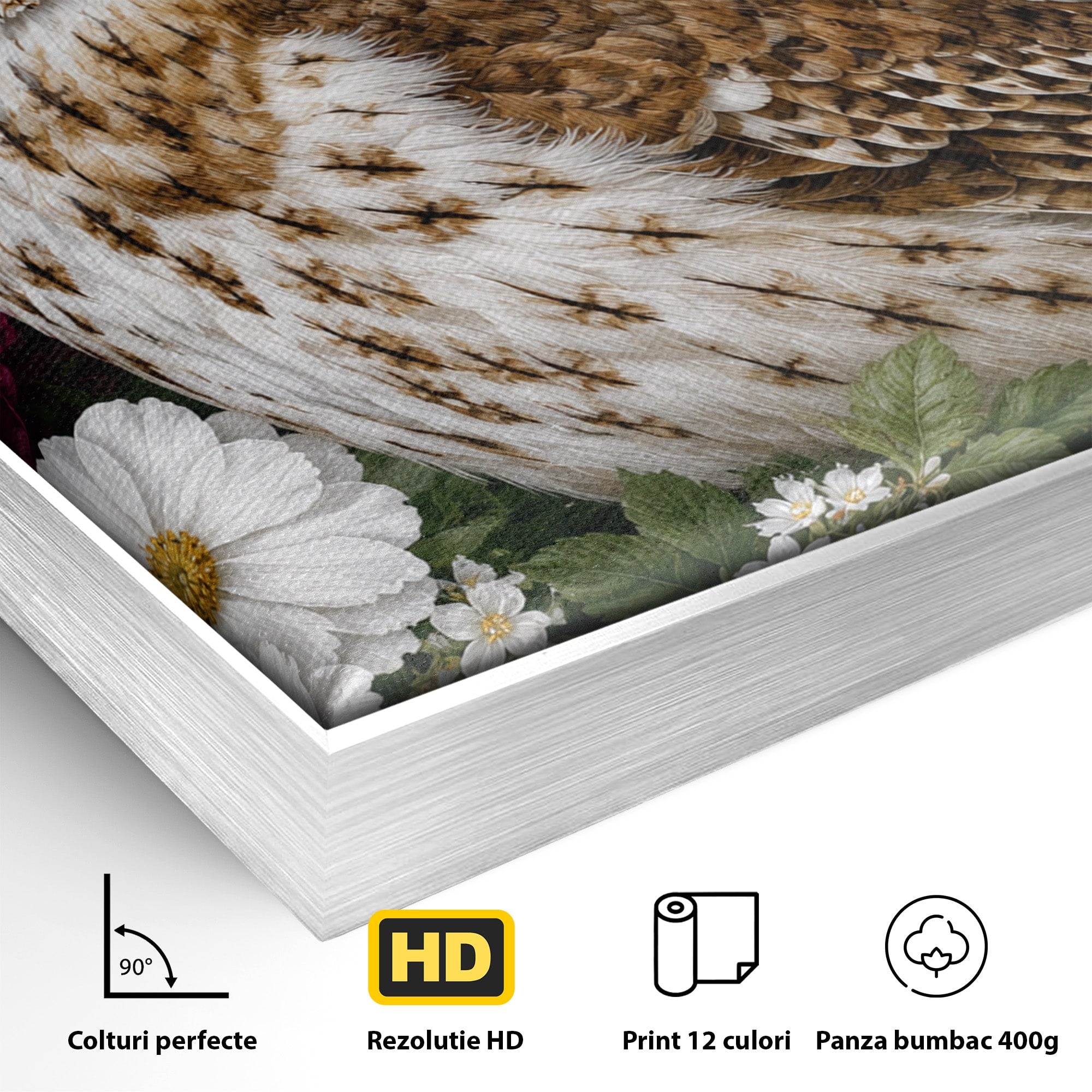 Tablou Canvas Premium LuxCanva® M1667, Bufnita Printre Flori, Bufnita, Flori, Natura, Animale, Detalii, Living, Culori Vibrante