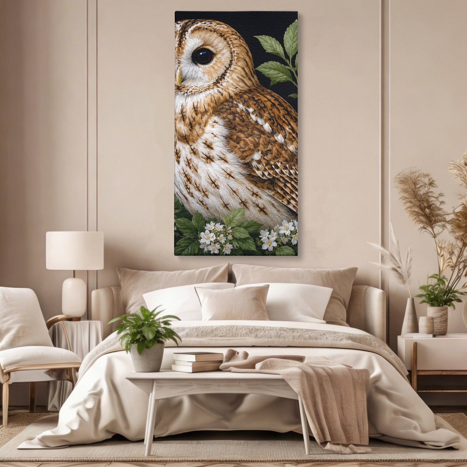 Tablou Canvas Premium LuxCanva® M1667, Bufnita Printre Flori, Bufnita, Flori, Natura, Animale, Detalii, Living, Culori Vibrante