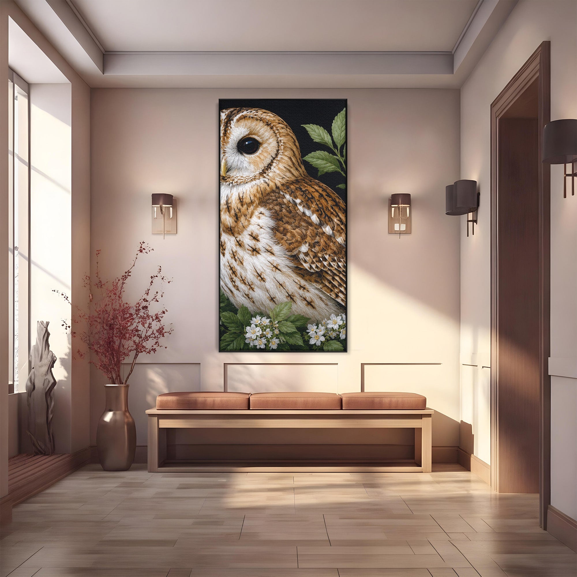 Tablou Canvas Premium LuxCanva® M1667, Bufnita Printre Flori, Bufnita, Flori, Natura, Animale, Detalii, Living, Culori Vibrante