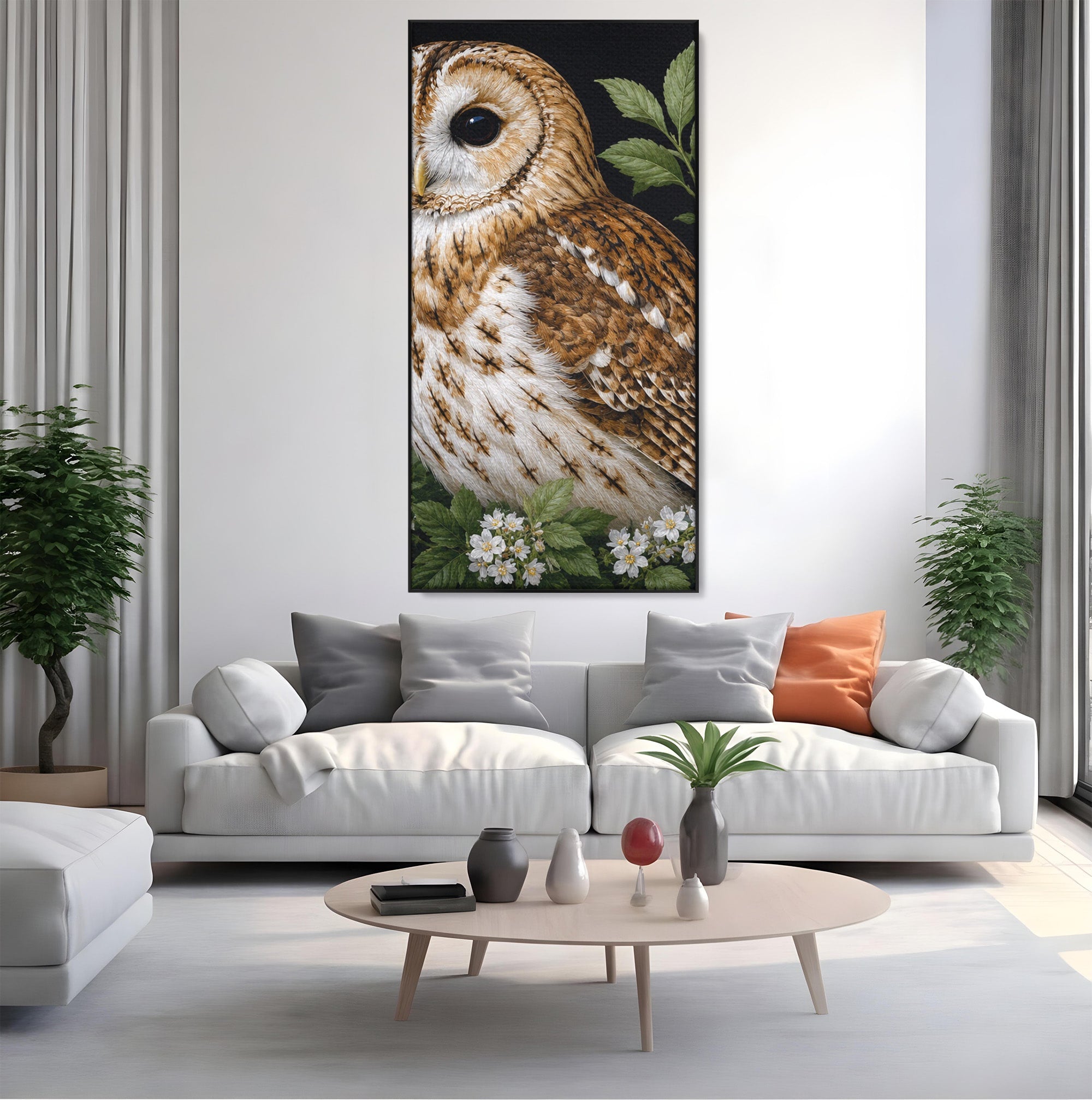 Tablou Canvas Premium LuxCanva® M1667, Bufnita Printre Flori, Bufnita, Flori, Natura, Animale, Detalii, Living, Culori Vibrante
