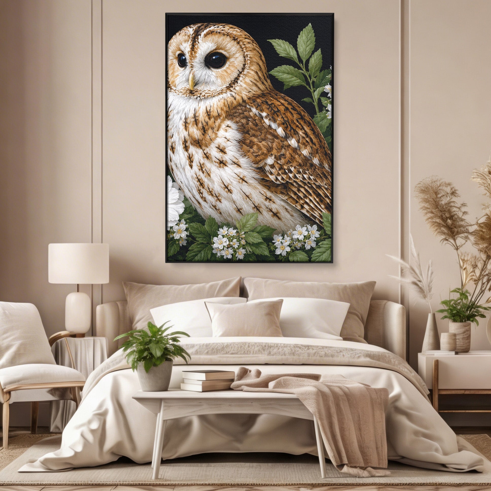 Tablou Canvas Premium LuxCanva® M1667, Bufnita Printre Flori, Bufnita, Flori, Natura, Animale, Detalii, Living, Culori Vibrante