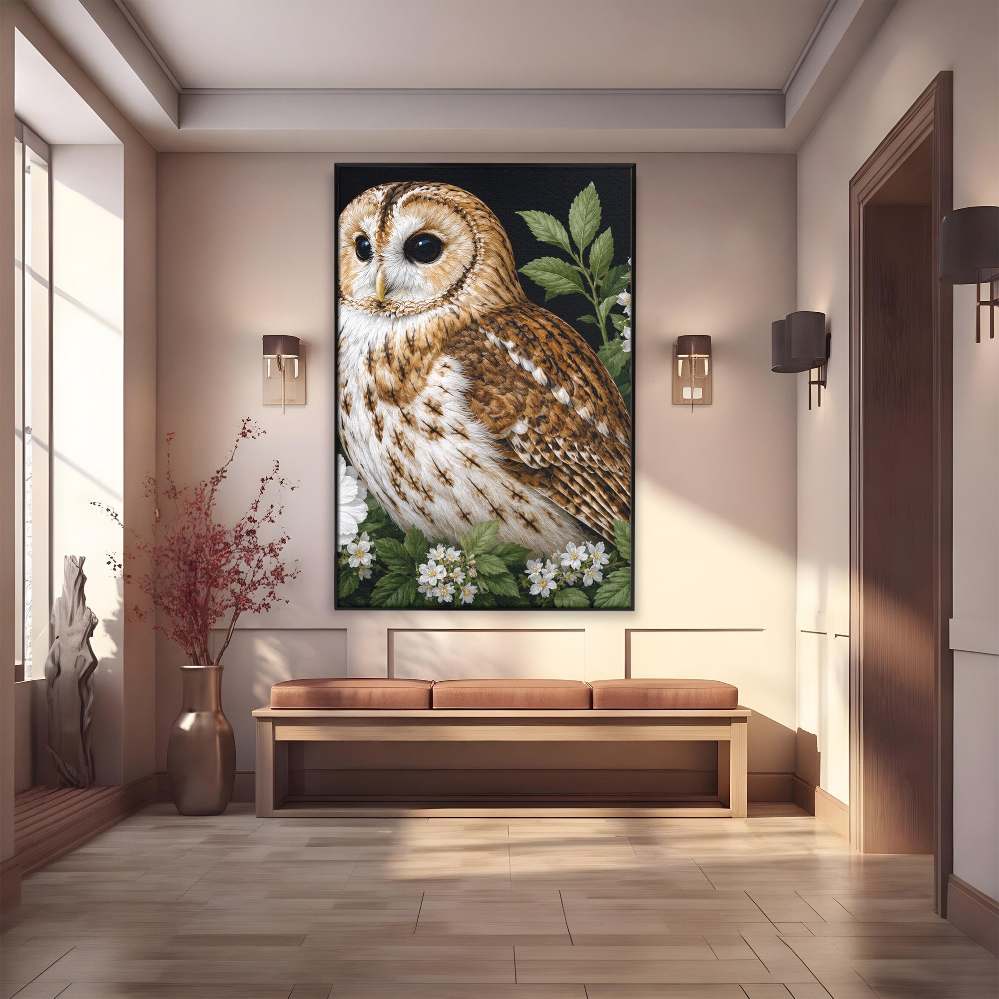 Tablou Canvas Premium LuxCanva® M1667, Bufnita Printre Flori, Bufnita, Flori, Natura, Animale, Detalii, Living, Culori Vibrante